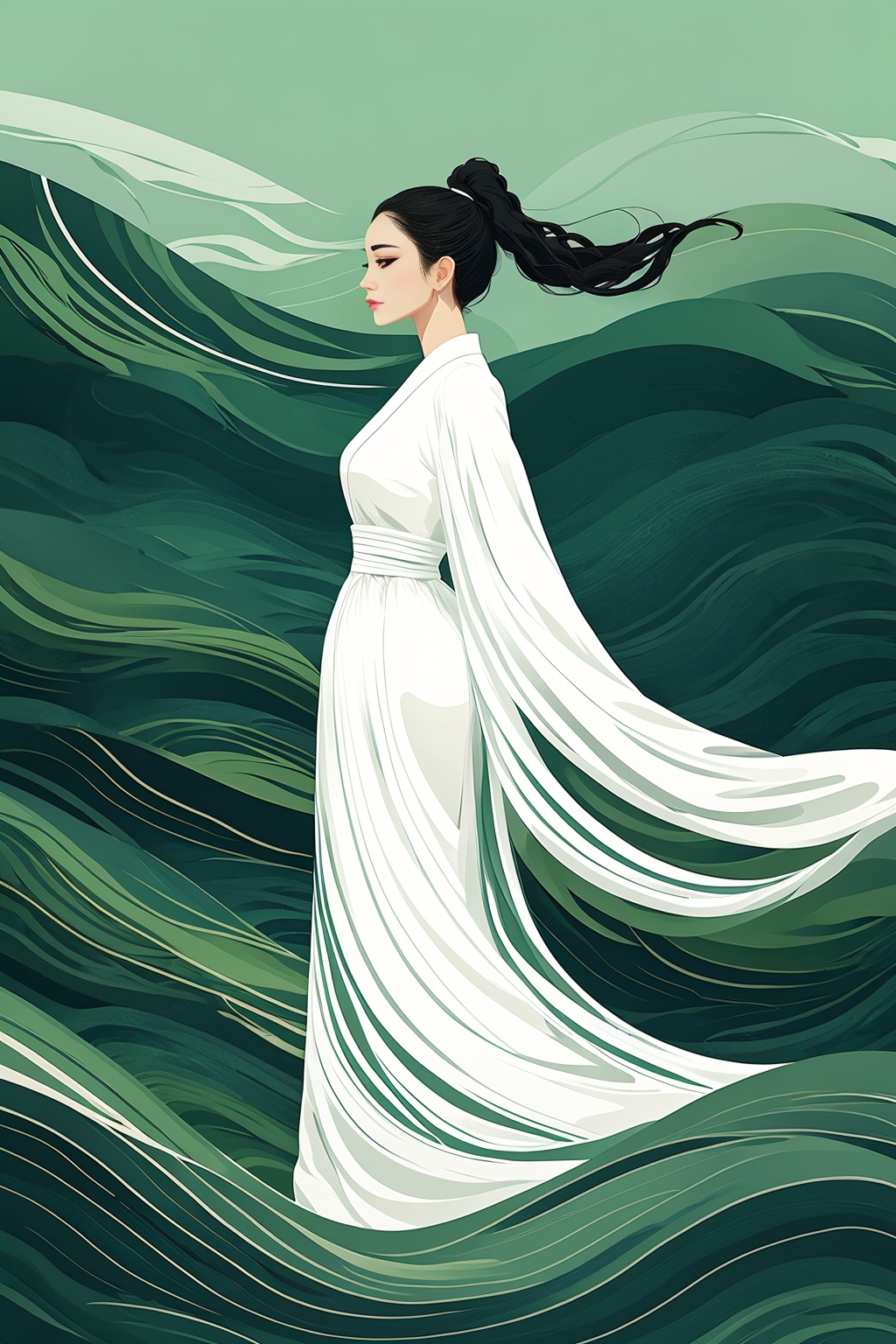 miluo_zcch, digital art, vector art, female, woman, Asian, long black hair, white dress, flowing dress, green background, abstract background, wind, elegant, side profile, serene expression, smooth textures, stylized, minimalistic, green and white color palette, traditional Asian attire, serene, calm, peaceful, long hair, windblown hair, soft colors, smooth lines, delicate, graceful, medium shot, upper body, standing, looking ahead, outdoors, nature, tranquil, quiet, peaceful scene<lora:米洛丨宋代青绿1.5-v1:0.8>,