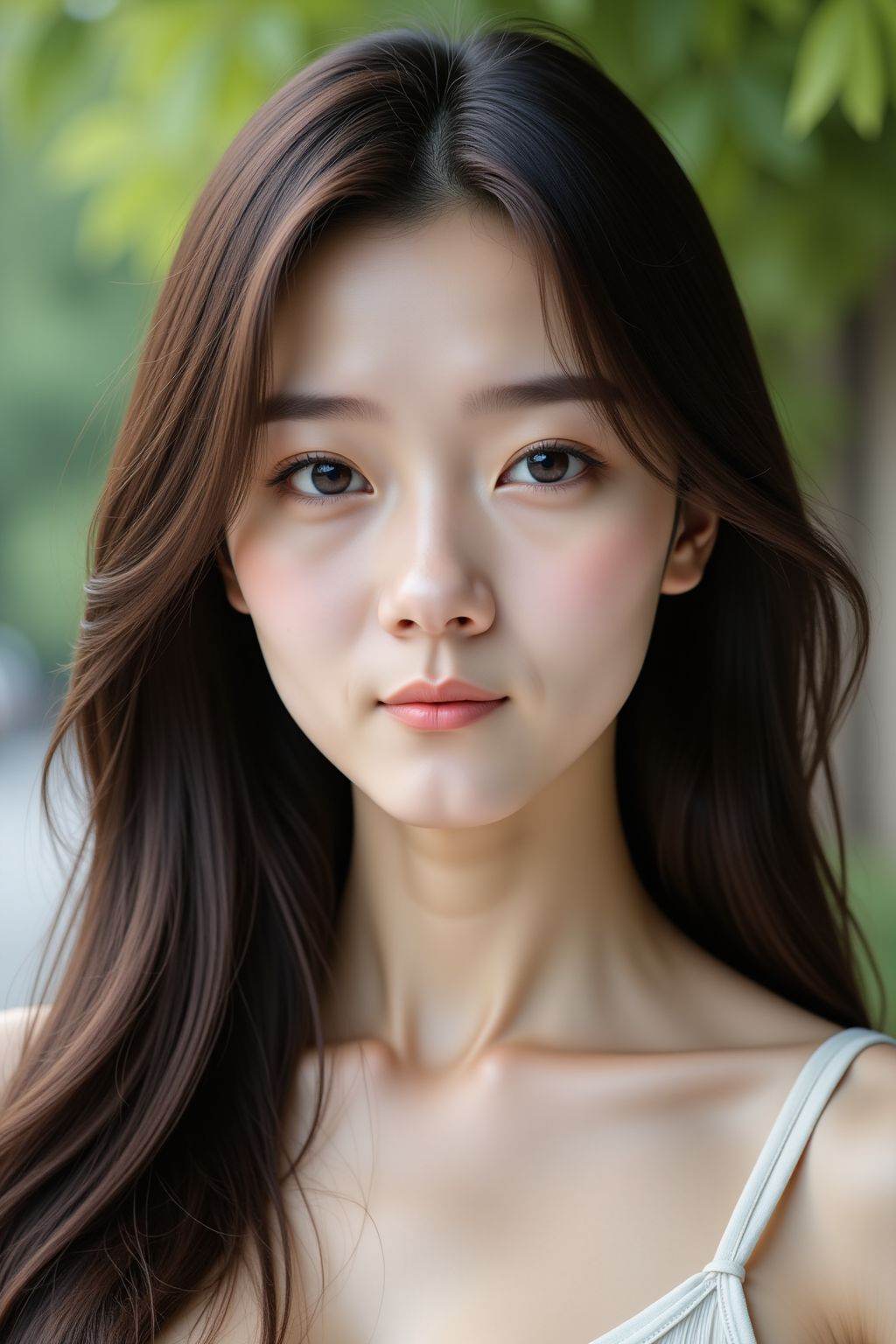 Photograph of a young woman with long straight dark brown hair. She has fair skin, delicate facial features, and large, expressive brown eyes. Her eyebrows are thin and well-groomed, and she has a subtle, natural makeup look. She is wearing a white top, with the focus on her face, and the background is blurred greenery, suggesting an outdoor setting. The image is well-lit, highlighting her smooth skin and soft expression.