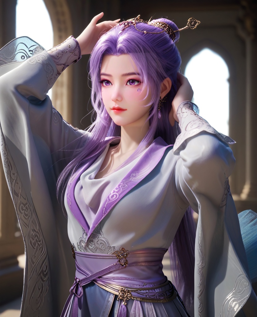 (oriental architecture, elegant decor, sophisticated style:1.1),(hands above her head:1.1),(breasts:1.2),<lora:XL师兄啊云霄:0.95>,miss yunxiao,chinese clothes,purple hair,purple eyes,a mark under the left eye,single hair bun,long sleeves,earrings,hairpin,sash,, score_9,score_8_up,score_7_up,score_6_up,score_5_up,score_4_up,3d rendering,tag1,tag2, Cinematic Lighting,backlighting,
