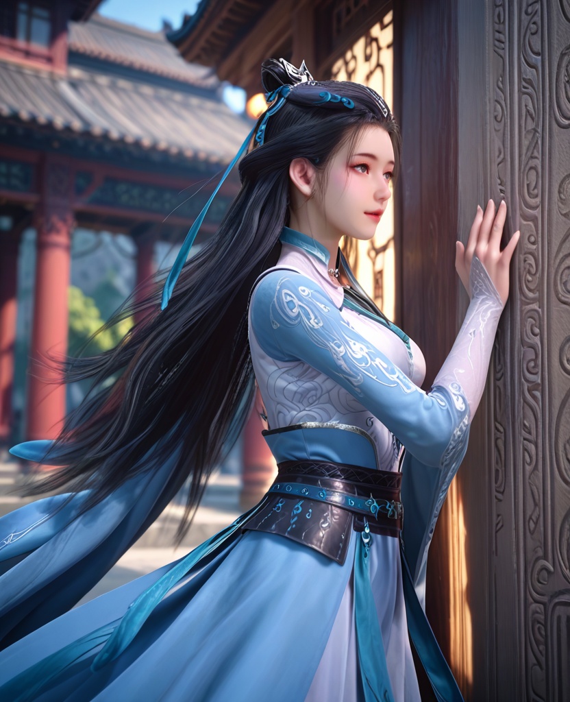 (oriental architecture, elegant decor, sophisticated style:1.1),(leaning against the wall:1.1),(breasts:1.2),<lora:XL师兄啊皖江雨:0.95>,miss wanjiangyu,blue paired with white dress,black hair,long hair,hair bun,hair ornament,jewelry,necklace,black sash,opera length gloves,ribbon,grey eyes,, score_9,score_8_up,score_7_up,score_6_up,score_5_up,score_4_up,3d rendering,tag1,tag2, Cinematic Lighting,backlighting,