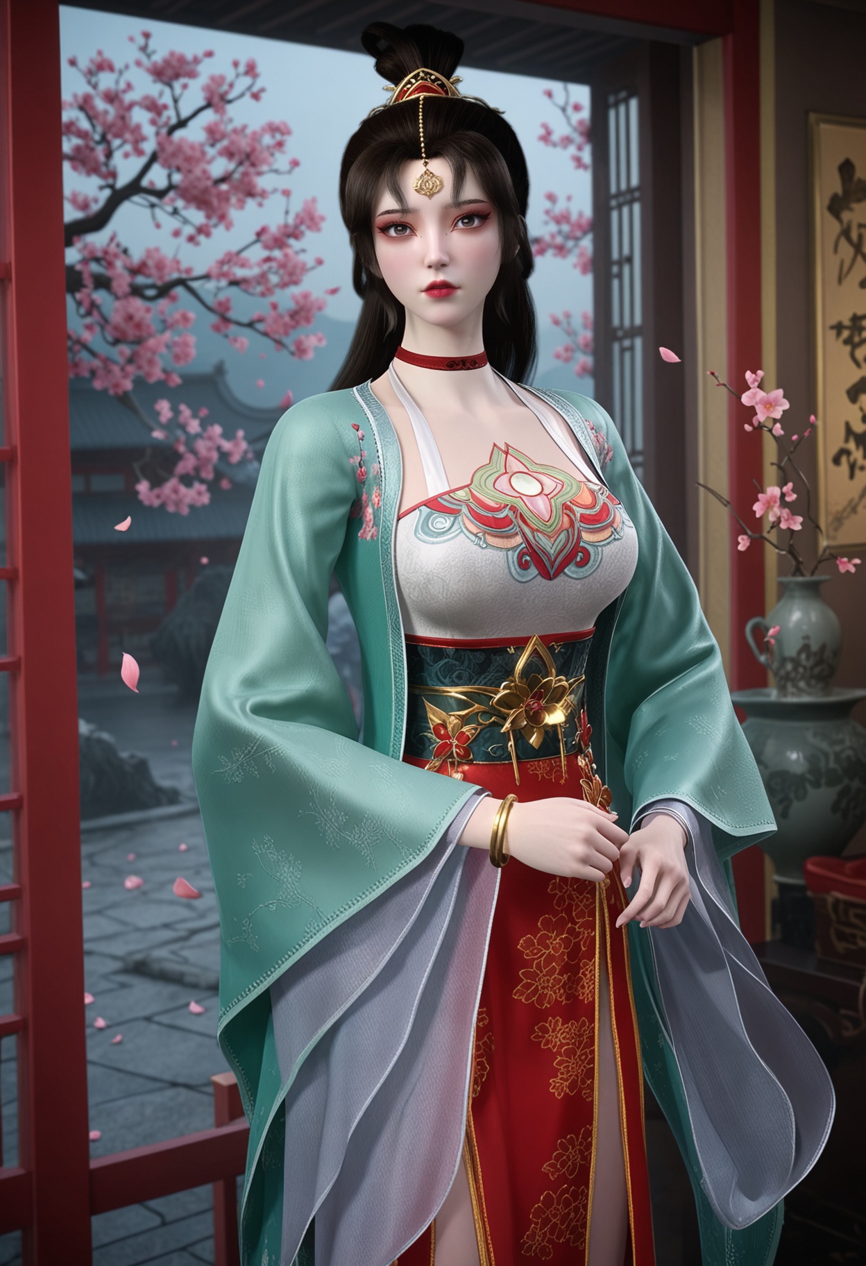 (cowboy shot:1.1),(looking at viewer:1.1),masterpiece,(best quality),smog,Dark room,dim lighting,peach blossom,falling petals,<lora:YQ_Illustrious光辉v5_墨云_V1:0.8>,q1528437228,1girl,solo,black hair,long hair,choker,red choker,hair ornament,dress,chinese clothes,long sleeves,jewelry,forehead mark,bracelet,wide sleeves,hair bun,brown hair,mole under eye,brown eyes,eyeshadow,red footwear,