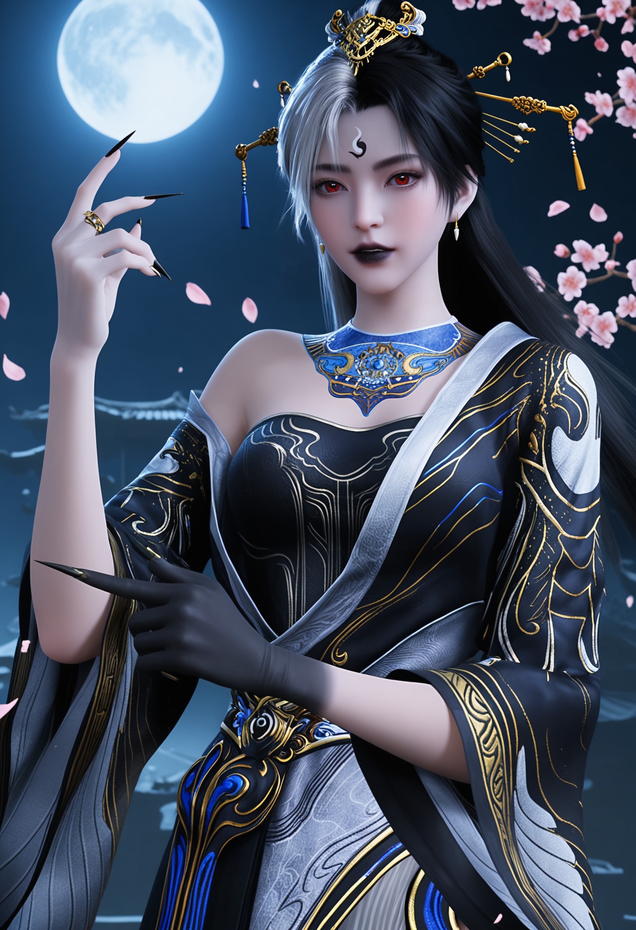 (upper_body:1.2),(looking at viewer:1.1),masterpiece,(best quality),smog,Dark room,dim lighting,peach blossom,falling petals,<lora:YQ_Illustrious光辉v5_阴阳教圣女_V1:0.8>,q1528437228,1girl,dress,solo,hair ornament,long hair,jewelry,black hair,earrings,white hair,forehead mark,red eyes,hair stick,multicolored hair,two-tone hair,forehead jewel,hair bun,wide sleeves,long sleeves,black dress,gloves,grey hair,blue dress,chinese clothes,black gloves,sash,single hair bun,black lips,necklace,short hair,black footwear,fingernails,sharp fingernails,blue hair,colored skin,shoes,black nails,