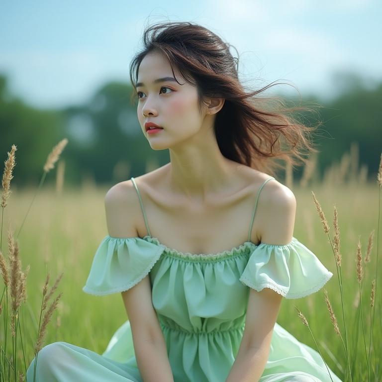 A portrait of a young and beautiful East Asian woman sitting among tall grass. She was wearing a light green dress with ruffles and her hair fluttering in the wind. The woman looked aside with a serious expression on her face. The background is blurry, but it seems like a beautiful scenery with trees and blue sky. The overall mood of the image is dreamlike and ethereal.