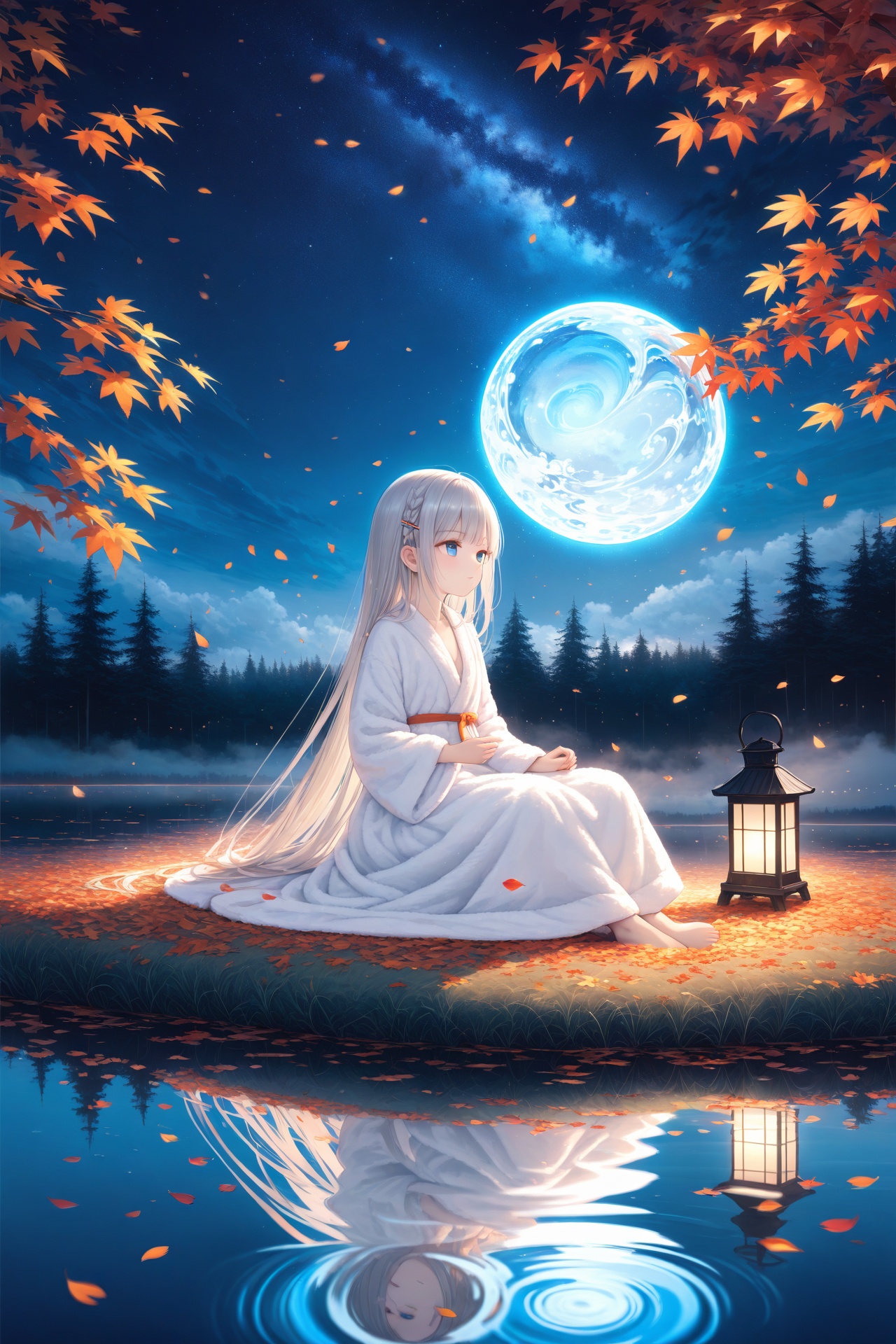 (masterpiece),(best quality),illustration,ultra detailed,hdr,Depth of field,(colorful),loli,(a girl),8 years old,(((((solo))))),dark,dark,dark,(((night))),(((autumn))),lantern,hairpin,wind,(flying petal:1.5),Dieffenbachia seguine Schott,maple,((Falling Maple Leaves)),((Tyndall effect)),sprinkle,Beautiful detailed water surface,Water Reflection,detailed water,ripple,fog,sitting,Tulle bathrobe,Wet clothing,The water reflects the starry sky,female focus,lovely face,extremely delicate and beautiful girls,blue eyes,diamond and glaring eyes,beautiful detailed glow,lateral view,1 gir,straight hair,silver hair,cleavage,braid,Slender waist,small breast,barefoot,