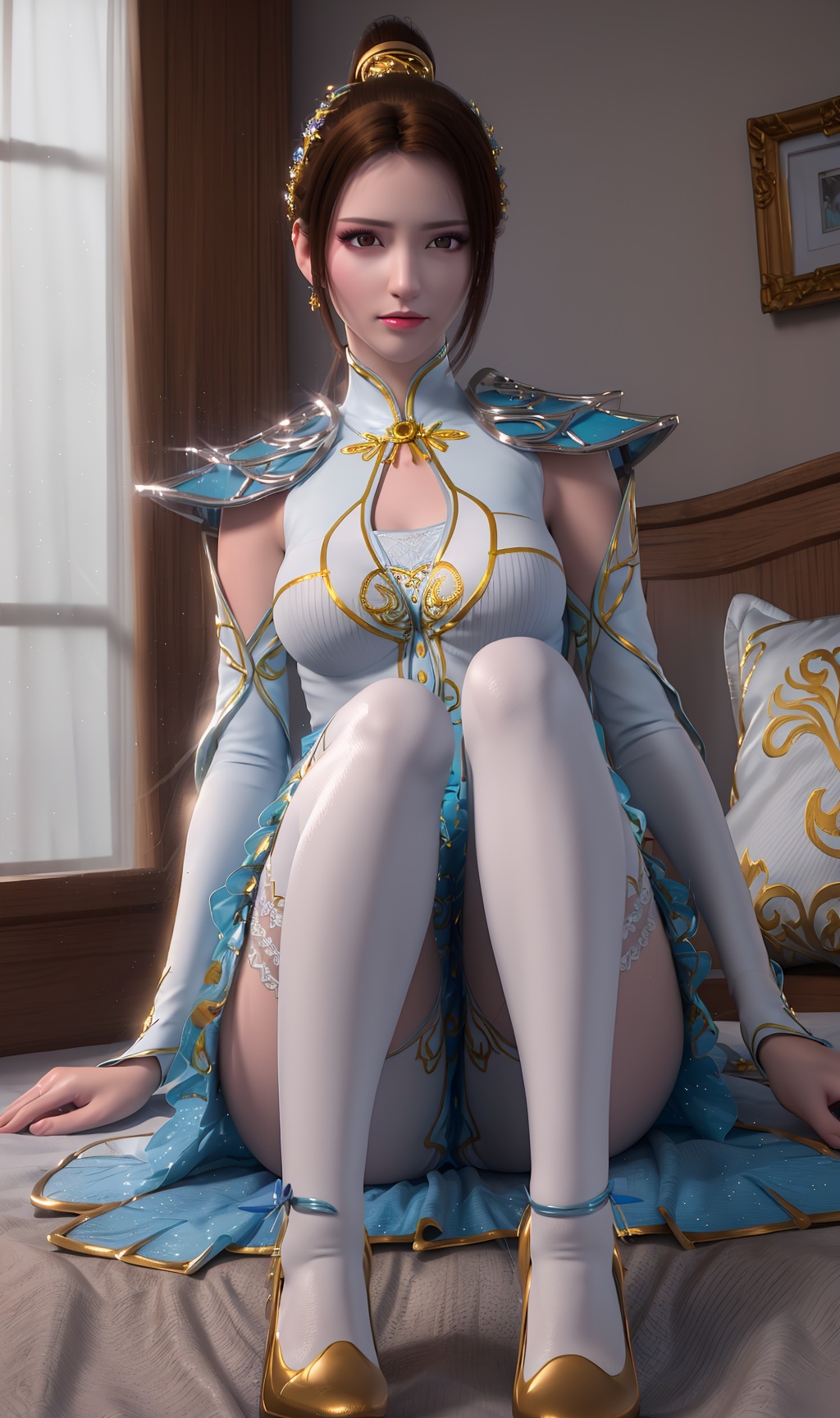 3D,masterpiece,(best quality),(makeup),official art, extremely detailed cg 8k wallpaper,((crystalstexture skin)), (extremely delicate and beautiful),(highly detailed),(face),headpiece,(collar),(ponytail),(shawl),(closed_mouth)(1girl), (solo), (jewelry), (earrings),(black_hair),(long_hair),(hair_ornament),(handwear),(breasts),((sitting)),((full_body,whole_body)),(dress),(short_skirt),(multicolored_clothes),(multicolored_dress),(shiny_clothes),(city,indoor,bed),(long_legs),(sash),(thighhighs),,((looking_at_viewer)),((Facing the camera)),((high_heels)),, <lora:hipoly3DModelLora_v10:0.3>