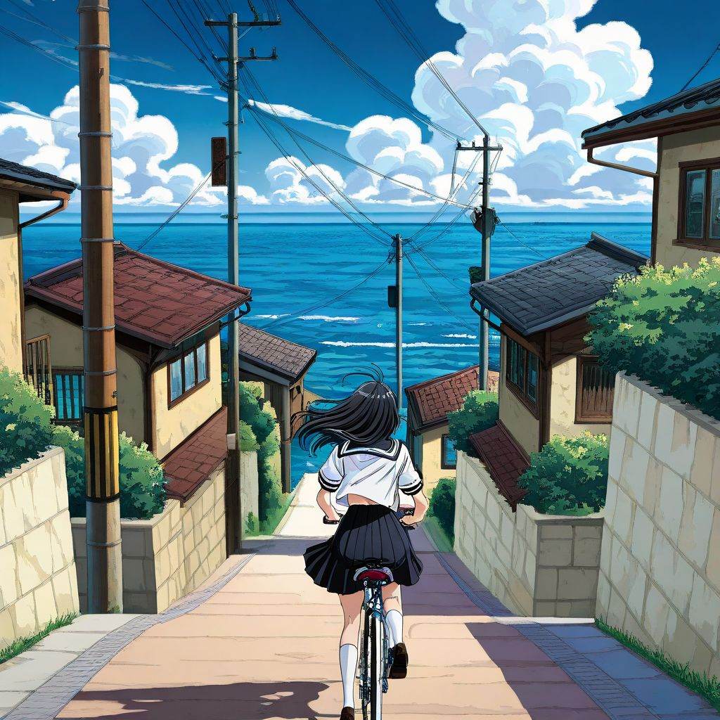 An anime-style illustration depicting a quiet residential street downhill. The road leads to the sea. The road quickly ope...