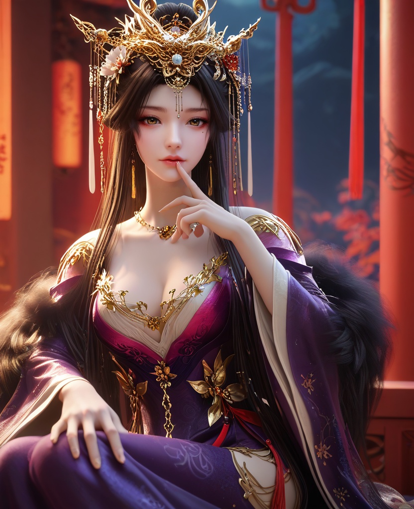 (Sitting, one hand on the chin, looking contemplative,:1.1),(large breasts:1.2),<lora:XL16云深不知梦羲和醉蝶花:0.95>,miss xihe,purple gown,fur trim,mole under left eye,black hair,absurdly long hair,traditional chinese updo with long front strands,hair ornament,jewelry,floral embroidery,wide sleeves,, score_9,score_8_up,score_7_up,score_6_up,score_5_up,score_4_up,3d rendering,tag1,tag2, Cinematic Lighting,backlighting,