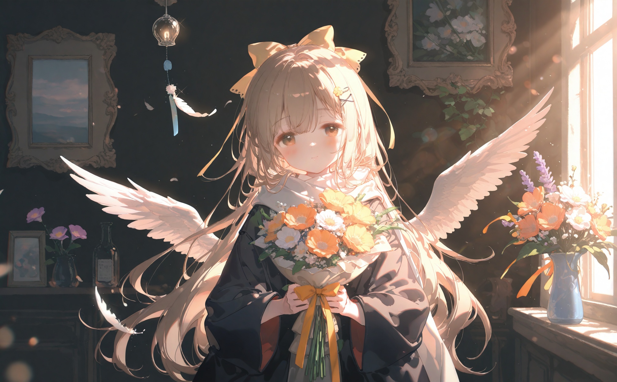 masterpiece,very aware,highres,absurdres,newest,best quality,loli,petite,high quality,chromatic_aberration,cinematic_angle,dutch angle, //,artist:ciloranko,artist:ningen_mame,artist:sho_(sho_lwlw),artist:rhasta,artist:wlop,artist:ke-ta,artist:hiten \(hitenkei\),//, wind chime, 1girl, solo, flower, feathers, pinwheel, yellow flower, white scarf, long hair, light particles, holding, picture frame, scarf, upper body, white flower, hairclip, hair ornament, bow, brown hair, bouquet, looking at viewer, hair bow, long sleeves, lily (flower), flower pot, shade, hair between eyes, orange bow, purple flower, black coat, coat, basket, closed mouth, wings, white wings, feathered wings, smile, angel wings, vase, brown eyes, white feathers, tassel, blue flower, half-closed eyes, holding bouquet, indoors, plant, potted plant, bell, clothes pin, sunlight, yellow bow, orange flower, leaf, shadow, window shade, photo (object), holding basket, falling feathers, sweater, head tilt, white sweater, pink flower, straight-on, shirt, one eye covered, yellow eyes, ribbon, light rays, feather hair ornament, drawing (object), parted lips, light smile, sidelighting, white shirt, ornament, expressionless, off shoulder, open coat, black jacket, angel, dappled sunlight, orange ribbon, light, sleeves past wrists, hairpin, blurry, grey hair, hair over one eye, yellow ribbon, frills, sunflower, bucket, robe, sidelocks, jacket, portrait (object), painting (object), lens flare, open clothes, wide sleeves, light bulb, yellow rose, hair ribbon, single off shoulder, glint, flower knot, depth of field, hair flower, red flower, x hair ornament, dark, bulletin board, shawl, japanese clothes, shelf, facing viewer, white lily, tape, layered clothes, floral print, jingle bell, x, black robe, lantern, standing, glowing, blush, multiple hair bows, holding flower, morning glory, squinting, graduation, day, carrying, floating hair <lora:lp400-000007p:0.8>