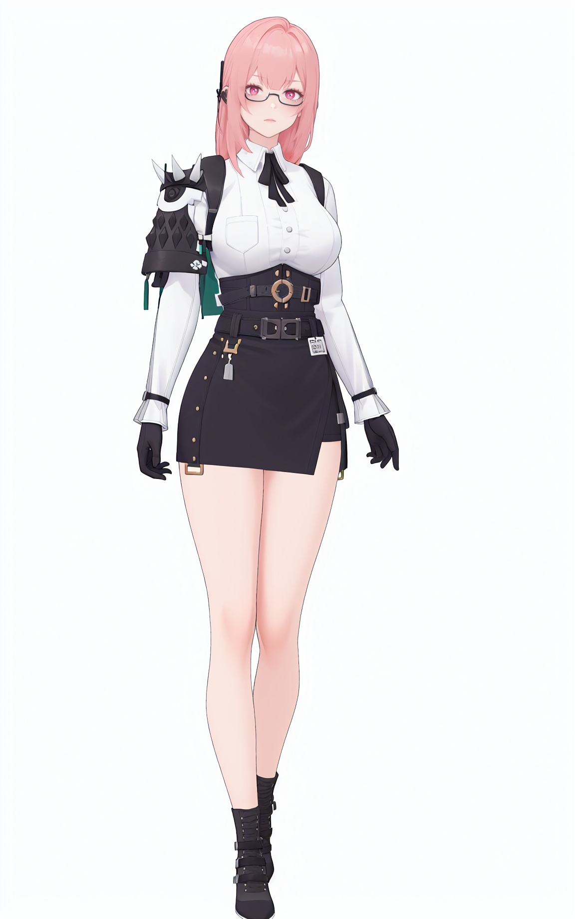 8k, best quality, masterpiece, (ultra-detailed), (high detailed skin), (by nanoless, by misumi \(macaroni\),:0.5), A full-body portrait of a young girl, standing gracefully, pastel art style, high-key lighting, shoujo manga influence, hd quality, delicate details, full body, full shot, standing, looking at viewer, (solo:1.2), simple background, white background, <lora:Yanagi-sd-Tanger-000019:0.8>, Yanagi, Yanagi-def clothes, Black right shoulder armor, 1girl, pink hair, gloves, black gloves, black skirt, pink eyes, long hair, breasts, shirt, black footwear, belt, boots, white shirt, 
