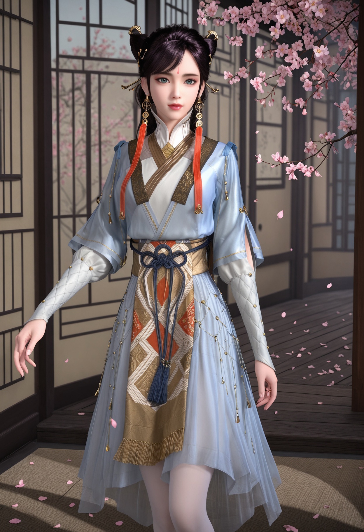 (standing:1.1),(full_body:1.1),(looking at viewer:1.1),masterpiece,(best quality),smog,Dark room,dim lighting,peach blossom,falling petals,<lora:YQ_Illustrious光辉v5_徐灵犀_V1:0.8>,q1528437228,1girl,solo,jewelry,earrings,hair ornament,black hair,lips,chinese clothes,dress,forehead mark,green eyes,hair bun,long hair,makeup,brown hair,hair stick,long sleeves,tassel,boots,white pantyhose,braid,blue eyes,brown eyes,double bun,