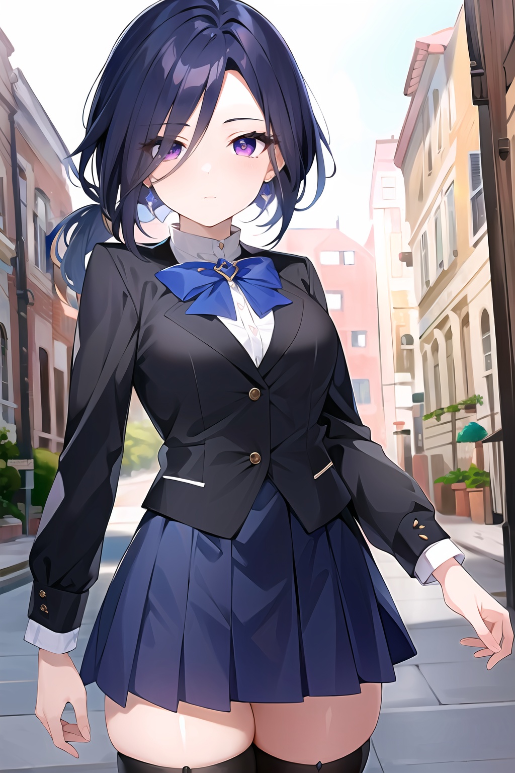 (masterpiece, best quality:1.2),insanely detailed,absurdres,ultra-highres,ultra-detailed,best quality,slender,kawaii,perfect symmetrical face,ultra cute girl,ultra cute face,ultra detailed eyes,ultra cute,ultra beautifu,clorinde \(genshin impact\),1girl,solo,purple eyes,low ponytail,blue hair,school uniform,black thighhighs,looking at viewer,<lora:clorinde-000001:0.7>,outdoors,standing,