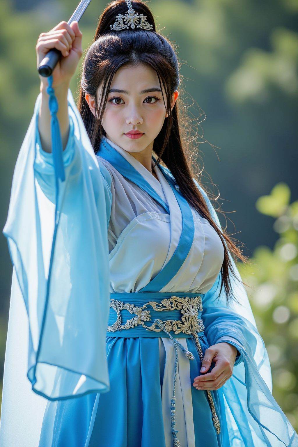 Cinematic photo a photograph of a teenage young woman with fair skin and long black hair,fighting pose,large breasts,hand holding a sword,see-through,self-luminous neon armor,science fiction,cyberpunk,robot joints,blue and white hanfu,embroidery,dao robe,transparent cloak,full body,outdoors, <lora:20250503_AgainCharactersF1Lora_10:0.5>