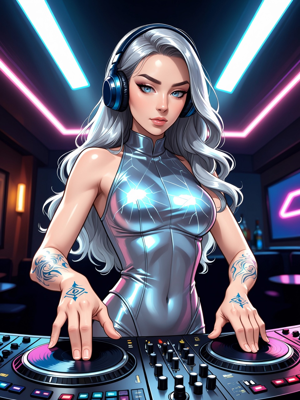 Remote wide-angle front-view anime-style digital illustration of a cool,  extremely beautiful woman standing behind a DJ b...
