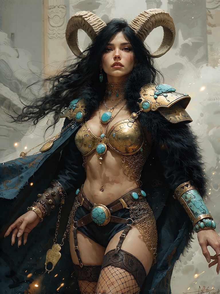 Bradhamel art style. A majestic,  dark-haired woman with prominent curved horns atop her head stands center-frame with arm...