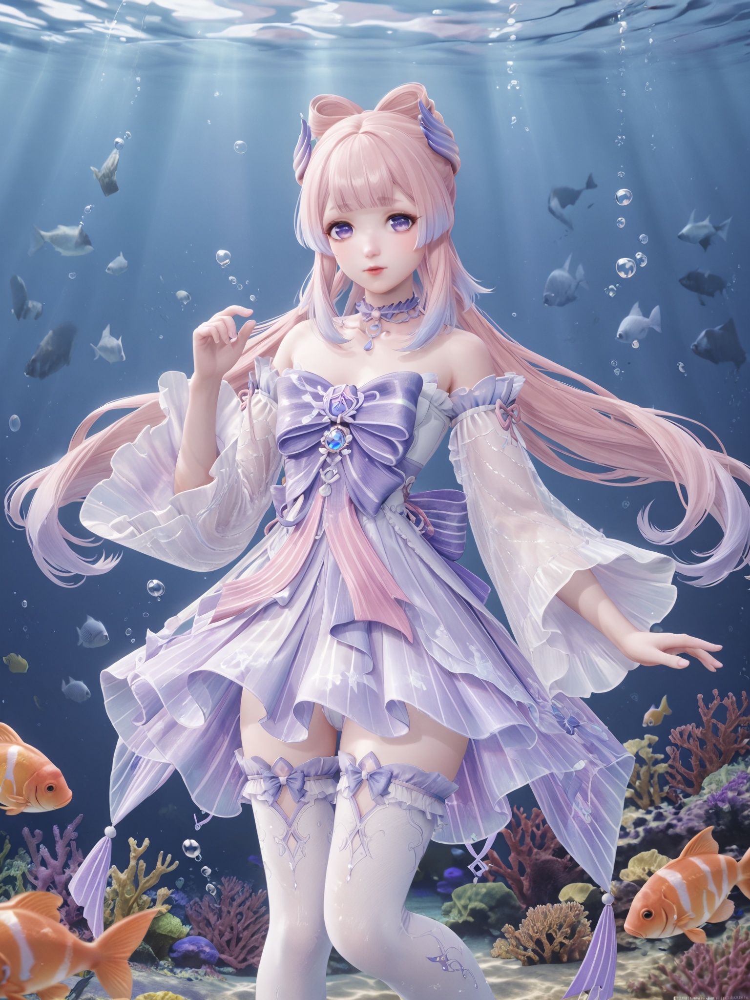 score_10,score_9,score_8_up,score_7_up,1girl,sangonomiya kokomi,solo,pink hair,long hair,thighhighs,underwater,fish,purple eyes,bow-shaped hair,looking at viewer,bow,bare shoulders,wide sleeves,multicolored hair,white thighhighs,choker,frills,