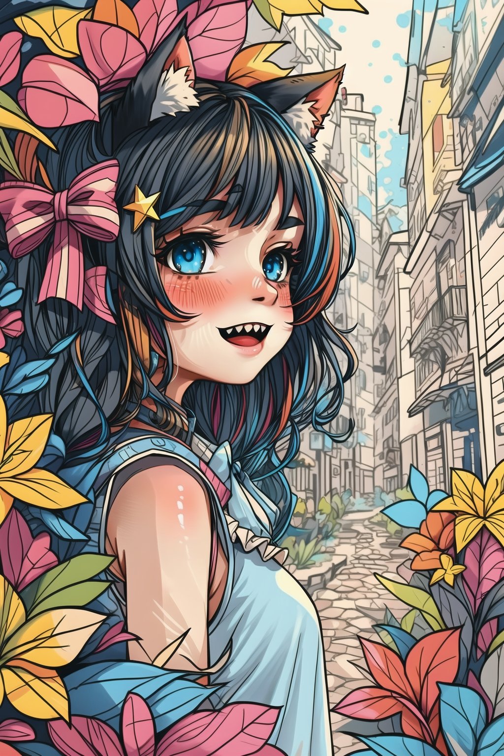 1girl, solo, long hair, breasts, looking at viewer, blush, smile, open mouth, bangs, blue eyes, hair ornament, dress, bow, animal ears, bare shoulders, very long hair, blue hair, white hair, :d, grey hair, multicolored hair, frills, teeth, sleeveless, indoors, virtual youtuber, cat ears, star \(symbol\), two-tone hair, streaked hair, animal ear fluff, detached collar, sleeveless dress, blue dress, frilled dress, sharp teeth, cat girl, star hair ornament,,<lora:秘密花园:0.8>,