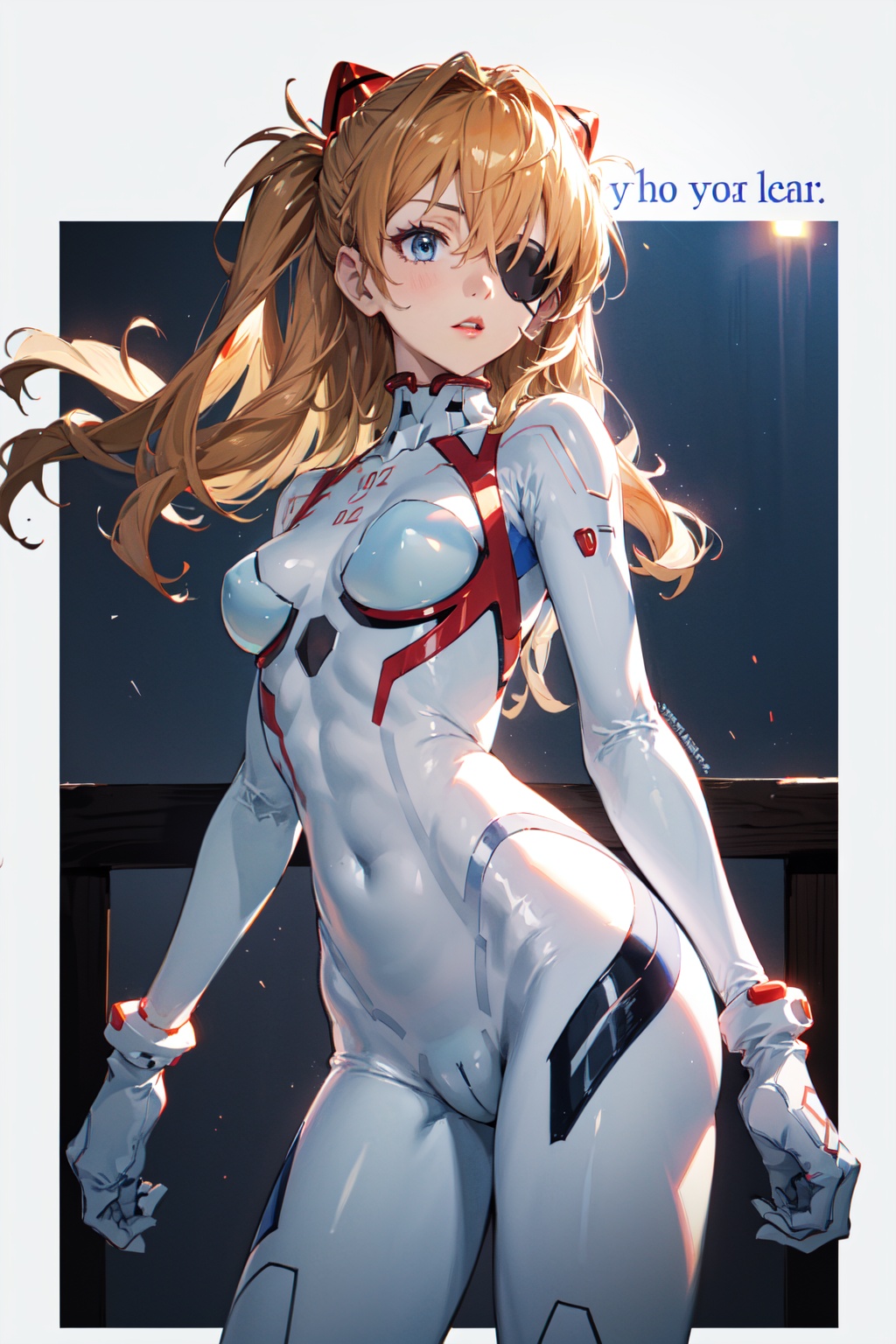 <lora:Asuka-000018:0.8>,Asuka CYQL,1girl,looking at viewer,solo,long hair,blue eyes,interface headset,brown hair,orange hair,hair between eyes,two side up,medium breasts,(Asuka White,eyepatch,plugsuit,bodysuit,white bodysuit,skin tight),(smirk:1.2),beautiful face,beautiful eyes,glossy skin,shiny skin,(cowboy_shot,from_below,on back:1.2),thumbs up,Lakeshore, Meditation, Twilight, Peacefulness, Tranquility, Reflections,lotus,beautiful detailed sky,beautiful detailed glow,(English text:1.3),(border:1.5),posing in front of a colorful and dynamic background,(masterpiece, best quality, beautiful and aesthetic:1.3),contrapposto,female focus,fine fabric emphasis,wallpaper,fashion,Lipstick,depth of field,intricate_detail,finely_detailed,fine_fabric_emphasis,(glossy),<lora:增强减少细节add_detail:0.3>,