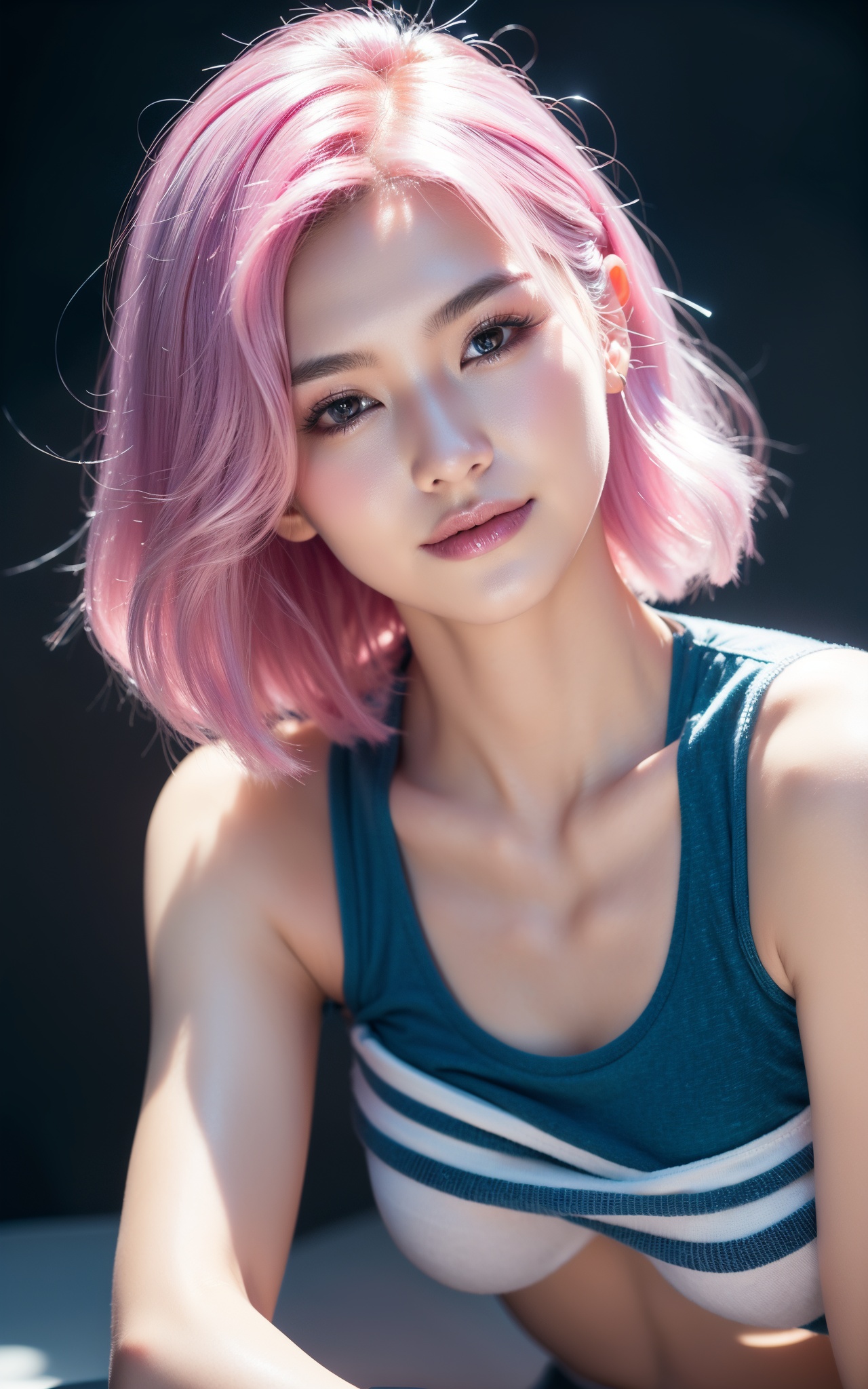 Peiyao Jiang,1girl,solo,(pink hair),gloves,long hair,shorts,blue eyes,fingerless gloves,hair over one eye,(red gloves),cleavage,smile,denim,**** top,looking at viewer,denim shorts,short shorts,blue shorts,shirt,leaning forward,collarbone,sexy,cute,Beautiful Finger,Beautiful long legs,Beautiful body,Beautiful Nose,Beautiful character design,perfect eyes,perfect face,Charming and wanton eyes,bodybuilding,pink eyebrows,(white ****_top),****_top,looking at viewer,official art,extremely detailed CG unity 8k wallpaper,perfect lighting,Colorful,Bright_Front_face_Lighting,(masterpiece:1),(best_quality:1),ultra high res,4K,ultra-detailed,,