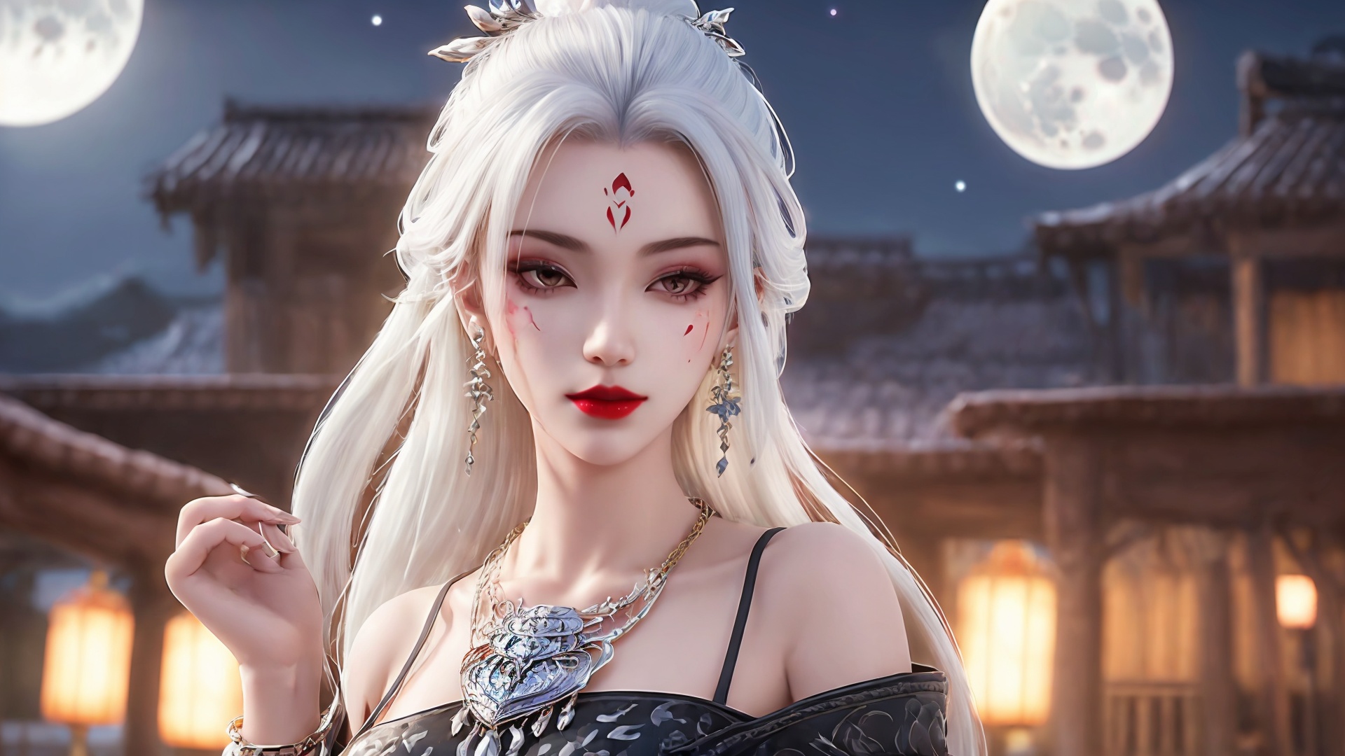 1girl, moon, jewelry, necklace, solo, bracelet, white hair, earrings, facial mark, long hair, night, hair ornament, looking at viewer, bare shoulders, full moon, forehead mark, upper body, red lips, dress<lora:girl miaojiangxiaobai_20240912173536:0.8>,