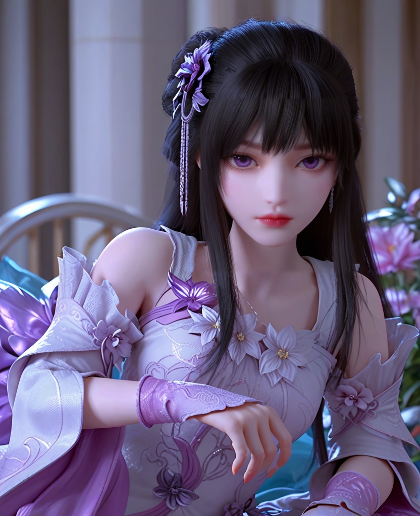 (oriental architecture, elegant decor, sophisticated style:1.1),lying face down, head toward the camera,(breasts:1.2),<lora:XL完美世界小月婵:0.9>,1minigirl,solo,dress of pinky white,detached sleeves,purple eyes,bangs,hair ornament,black hair,long hair,flower ornament,wristband,eyelashes,lips,, zPDXL2, score_9, score_8_up, score_7_up BREAK realistic, masterpiece,best quality, highly detailed,, zPDXL3, zPDXL2,zPDXL, zPDXLxxx, zPDXLrl,