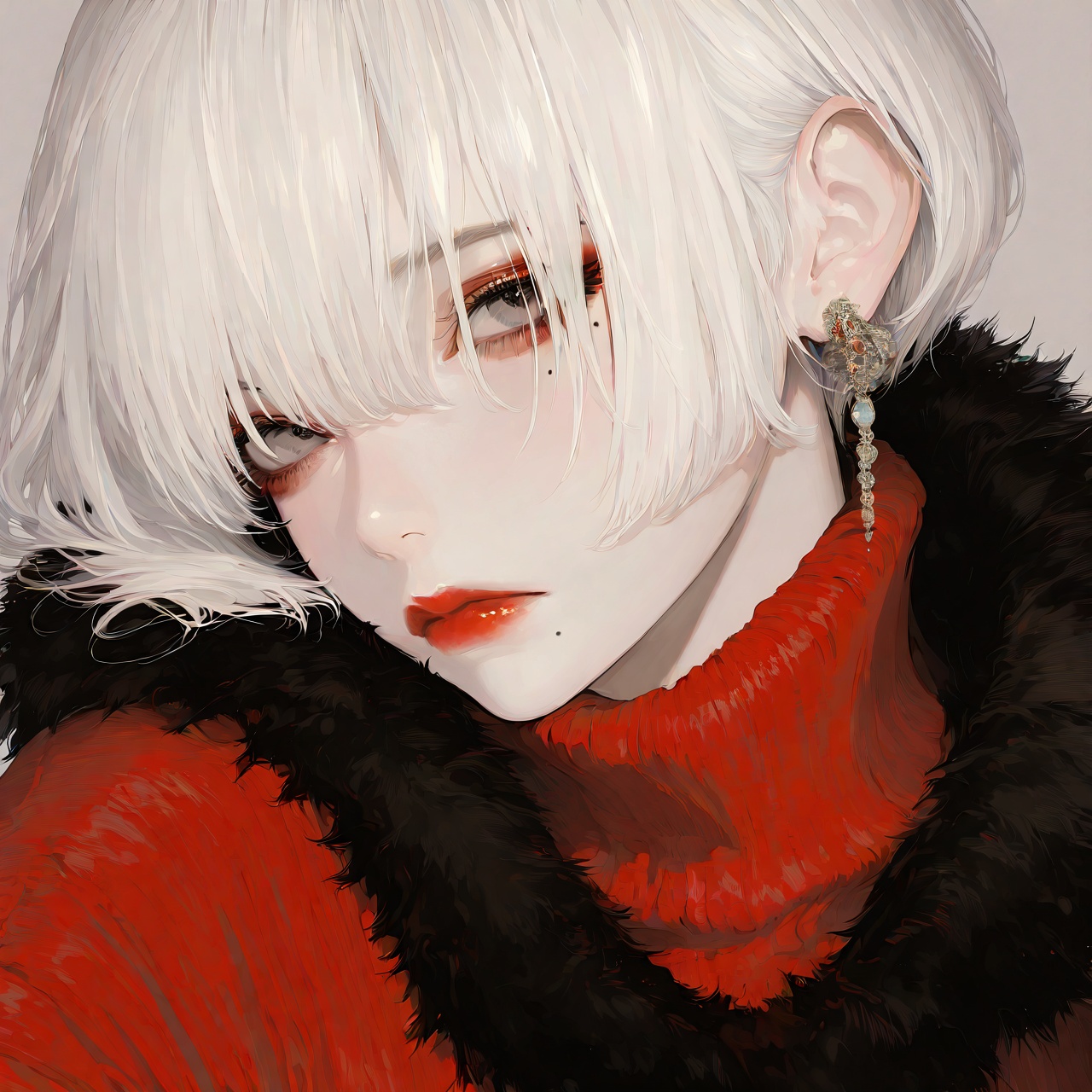 <lora:Tourun ThickPaint Style:0.8>,absurdres,realistic,rim light,wallpaper,best quality,simple background,white_background,solo, 1girl, jewelry, earrings, mole, short hair, white hair, mole under eye, simple background, sweater, portrait, makeup, red lips, looking at viewer, red sweater, grey background, grey eyes, fur trim, closed mouth