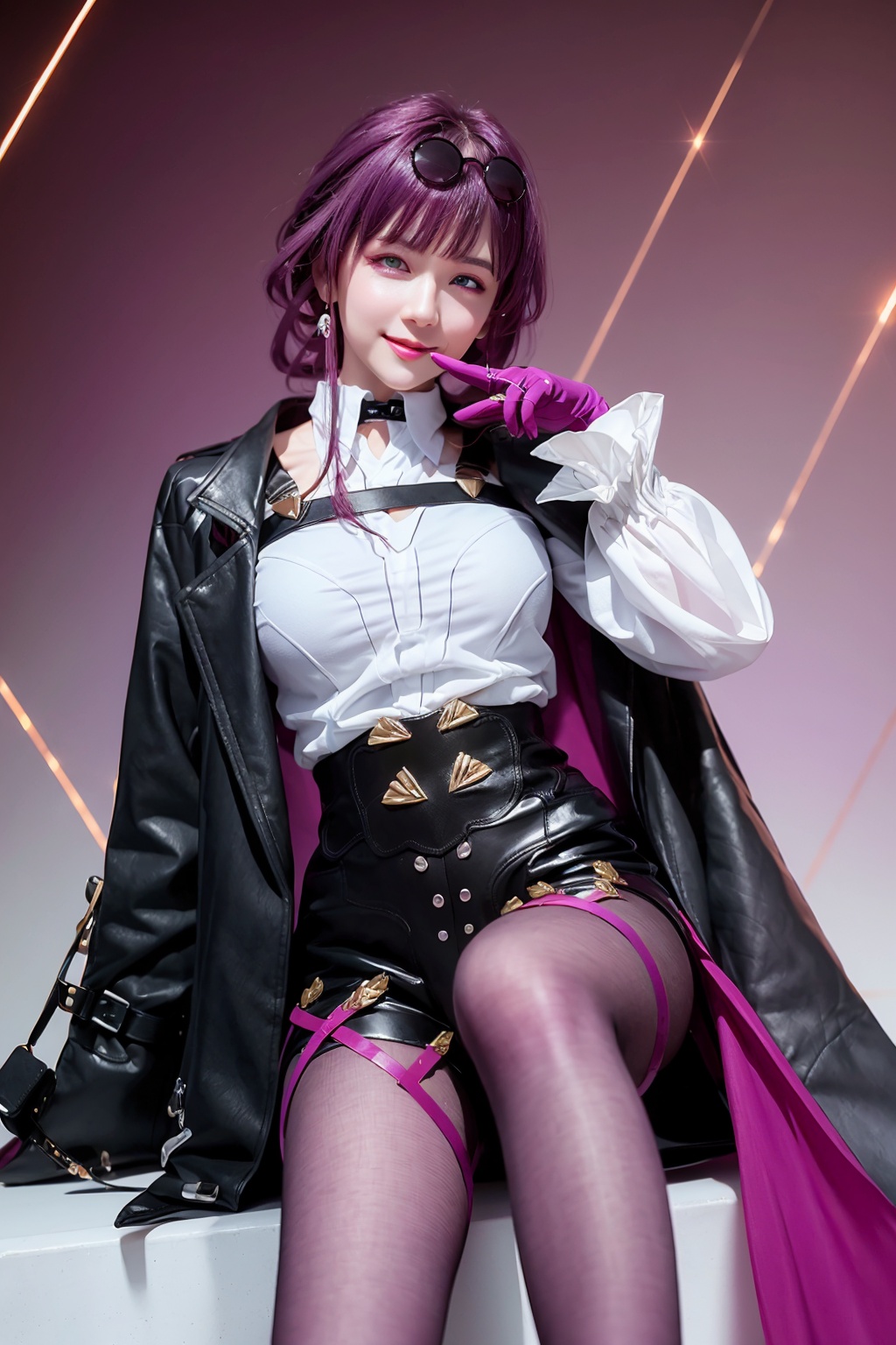 masterpiece, best quality, realistic, (photoshop \(medium\):1.4),<lora:kafka:1>,eyewear on head,kafka (honkai: star rail), 1girl, solo, gloves, purple hair, eyewear on head, pantyhose, purple eyes, long hair, shirt, breasts, looking at viewer, purple gloves, sitting, long sleeves, sunglasses, white shirt, bangs, choker, coat, gradient, gradient background, purple pantyhose, jewelry, large breasts, jacket, collared shirt, finger to mouth, earrings, smile, shorts, black coat