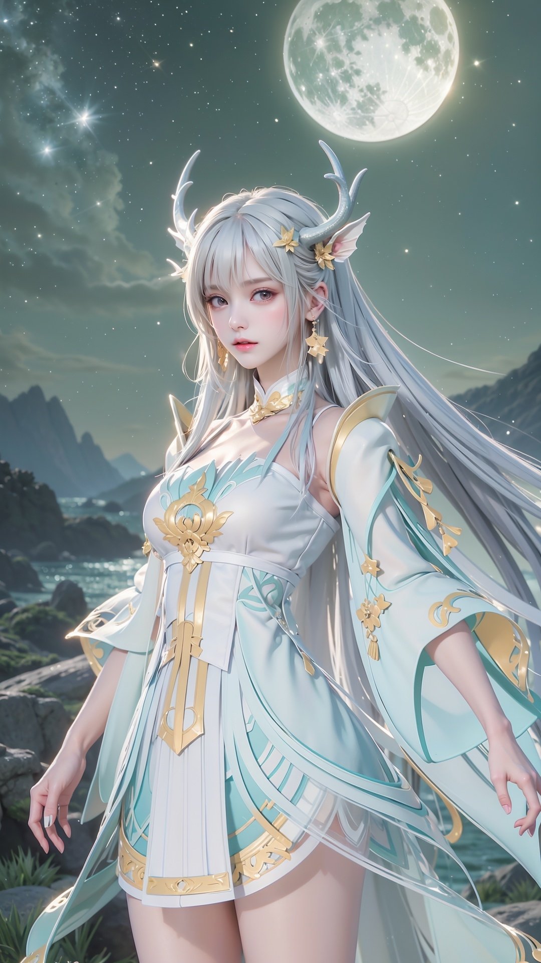 <lora:XS_20240321001747-000007:0.75>,XS,moon,green theme,scenery,full moon,star \(sky\),night,sky,outdoors,starry sky,night sky,nature,blurry,depth of field,landscape,cloud,forest,mountain,1girl,horns,solo,long hair,dress,white hair,toeless legwear,looking at viewer,antlers,jewelry,white dress,dragon horns,purple eyes,earrings,hair ornament,boots,virtual youtuber,white footwear,(upper body:1.3),, (raw photo:1.2),((photorealistic:1.4))best quality,masterpiece,illustration,an extremely delicate and beautiful,extremely detailed,CG,unity,8k wallpaper,Amazing,finely detail,masterpiece,best quality,official art,extremely detailed CG unity 8k wallpaper,absurdres,incredibly absurdres,huge filesize,ultra-detailed,highres,extremely detailed,beautiful detailed girl,cinematic lighting,1girl,pale skin,tall female,(perfect body shape),skinny body,Slender legs,, pale skin,tall man,long legs,thin leg,