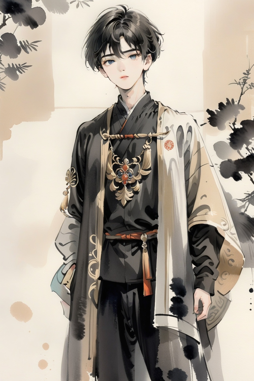 1boy,20 years old,full body,detailed,(looking at viewer:0.9),<lora:IllustrationInk-0010:0.8>,moran,ink painting,