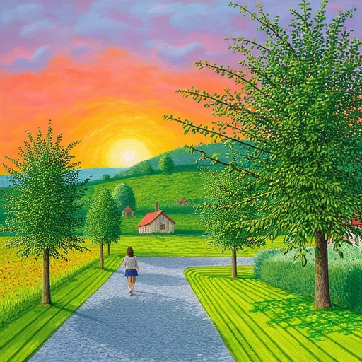 Produce an image of a tranquil countryside road at sunset in the style of David Hockney. The road winds through rolling hi...