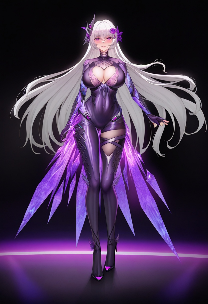 master piece, very awa, best quality, amazing quality, very aesthetic, absurdres, wd \(1106592840\), meion, [yunkaiming], [[qizhu]], [[ursica]], [[as109]], [[casino \(casinoep\)]],1girl, smile, black background, bodysuit, breasts, cleavage, cleavage cutout, fingerless gloves, gloves, hair between eyes, hair flower, hair ornament, high heels, liekong, solo, white hair, <lora:liekong-noob110:0.7>