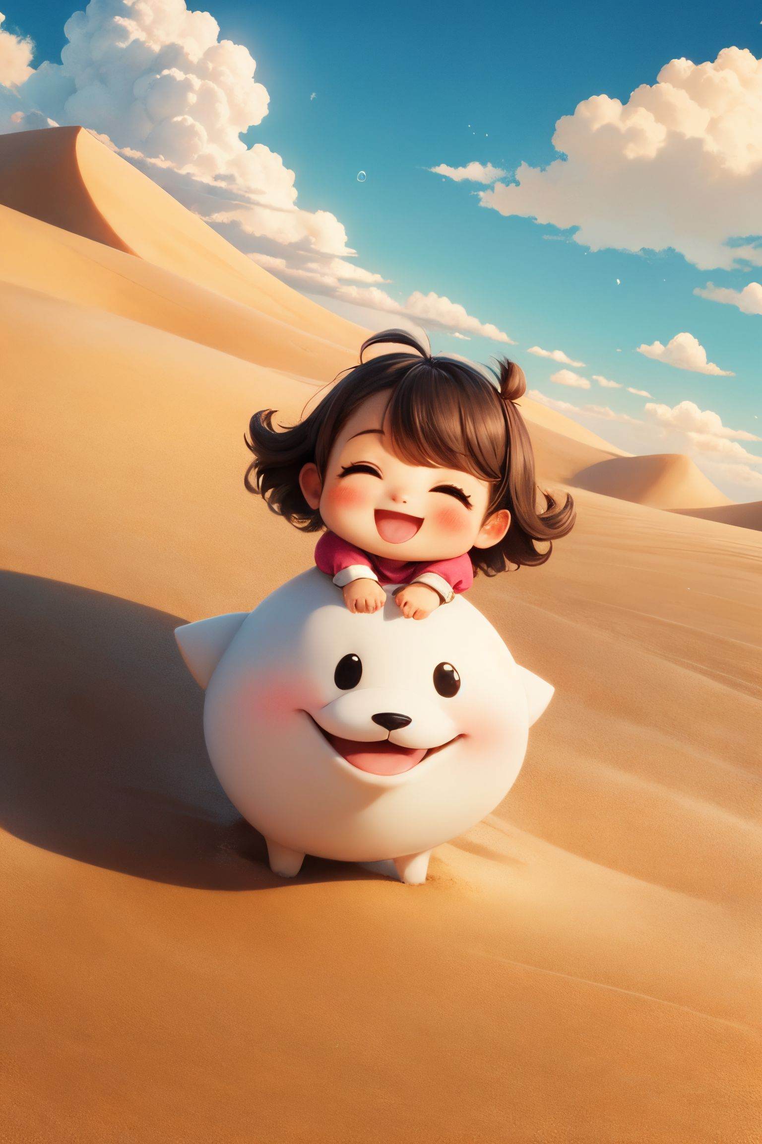 Disney pixar style,  a cute little cloud with a happy smile,  flying over sand dunes giving rain on Tensor.Art