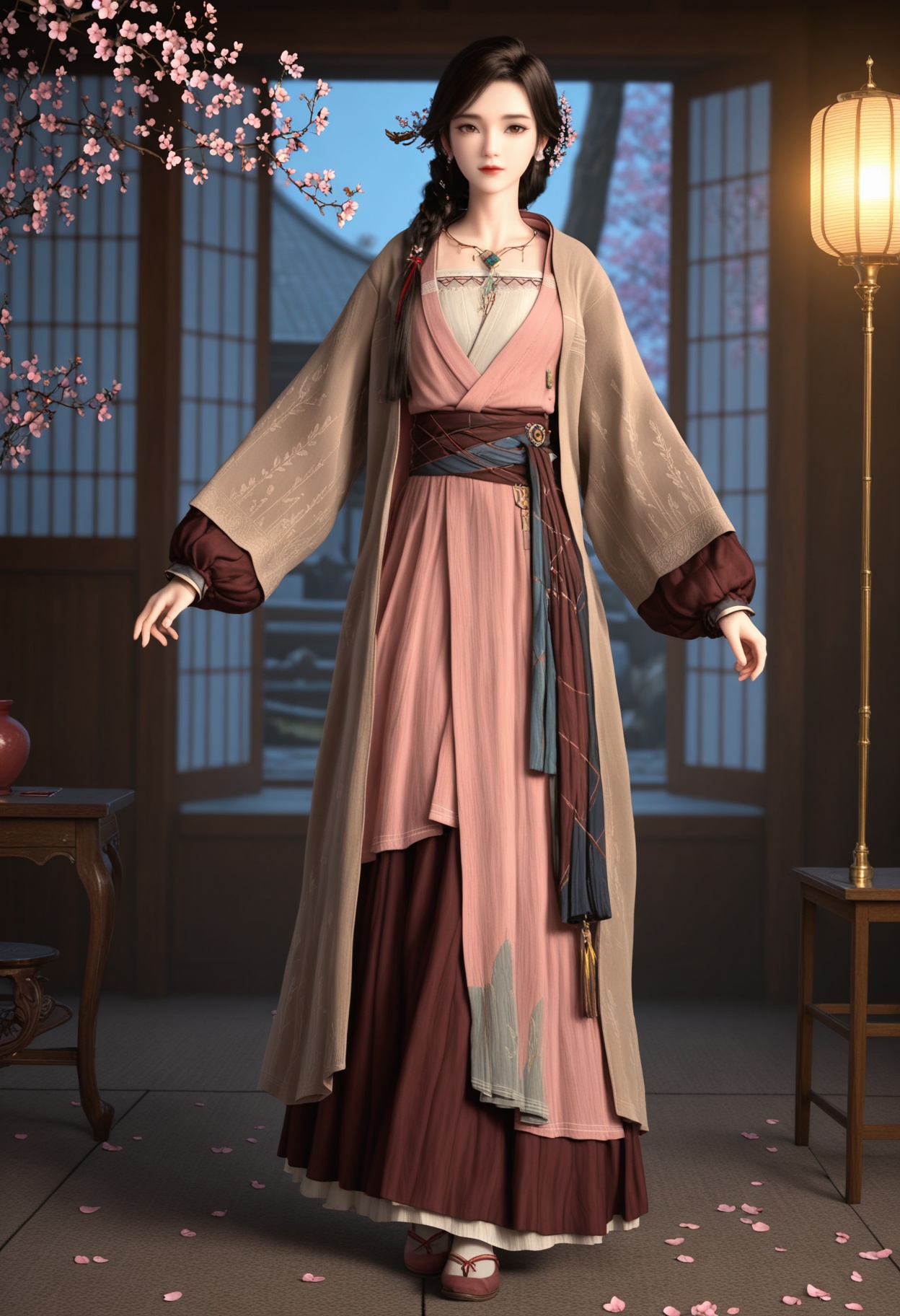 (full_body:1.1),(looking at viewer:1.1),masterpiece,(best quality),smog,Dark room,dim lighting,peach blossom,falling petals,<lora:YQ_Illustrious光辉v5_璎陌_V1:0.8>,q1528437228,1girl,solo,jewelry,long hair,hair ornament,earrings,braid,brown hair,brown eyes,hair flower,necklace,black hair,dress,long sleeves,single braid,