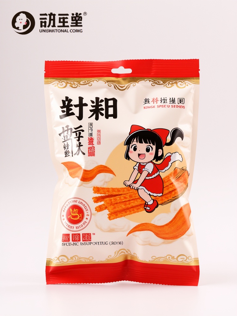 sz,a photograph of a crisp, rectangular snack packaging with a Chinese character label. The packaging features a cute, anime-style girl in a red dress and black hair, flying on a broomstick. The background is white with a red and gold border. The product is called "Crispy Spicy Strips.<lora:S-T-包装设计_S1.6:1>