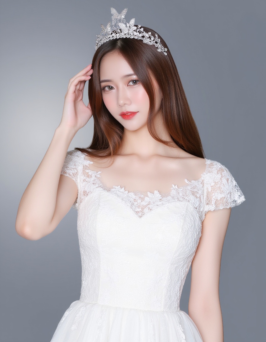 This is a photograph of a young Asian woman with fair skin and long, straight brown hair. She is wearing a white lace dress with intricate floral patterns. Her makeup is bold, featuring red lipstick and dark eye makeup. A delicate, silver headpiece with floral and butterfly motifs adorns her head. She stands against a gradient gray background, with one arm raised, touching her hair. The overall aesthetic is ethereal and elegant, emphasizing her soft features and the texture of the lace fabric.