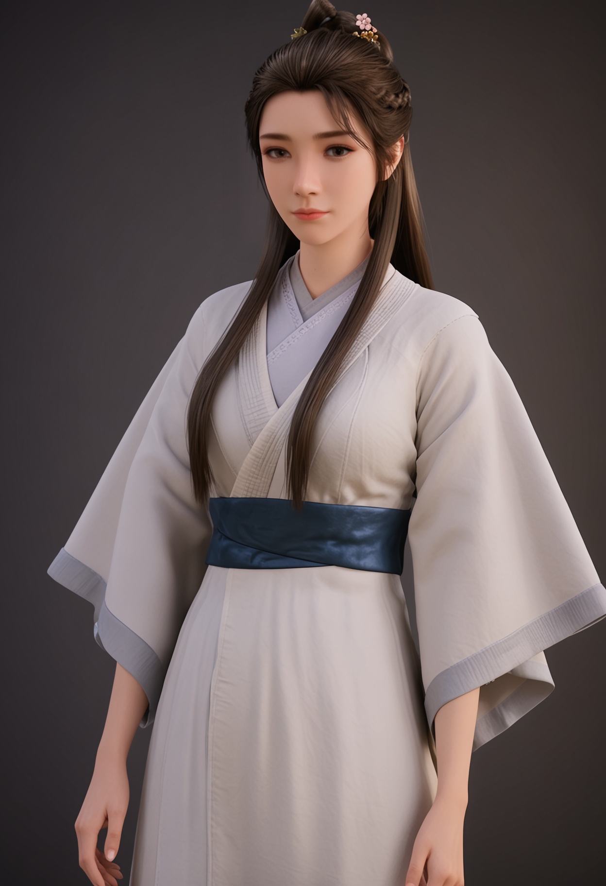 (cowboy shot:1.2),(looking at viewer:1.1),facing viewer,direct gaze,<lora:YQ_pony_xinruyin_V4:0.8>,q1528437228,1girl,solo,long hair,chinese clothes,hanfu,white dress,black hair,brown hair,hair ornament,brown eyes,sash,hair bun,hair flower,black eyes,braid,ponytail,forehead,jewelry,BREAK simple background,pure black background,black background,perfect anatomy,