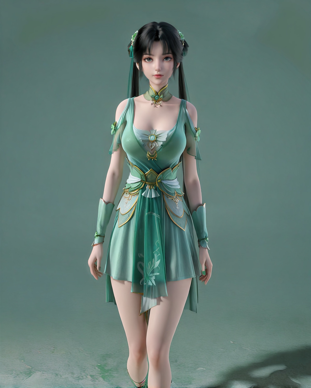air_skin,white_skin,score_9,<lora:SF_BiYao_Pony_Realism-000004:0.7>,green dress,hair ornament,black hair,1girl,breasts,large breasts,standing, solo,green footwear,looking at viewer,simple background,