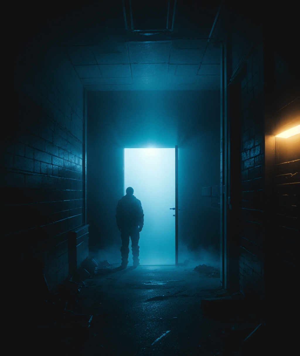 blue,light,glow,(dark),fog,cityscape,cyberpunk,blue glow doorway,fantasy,<lora:lora.by_tusi:0.9>,