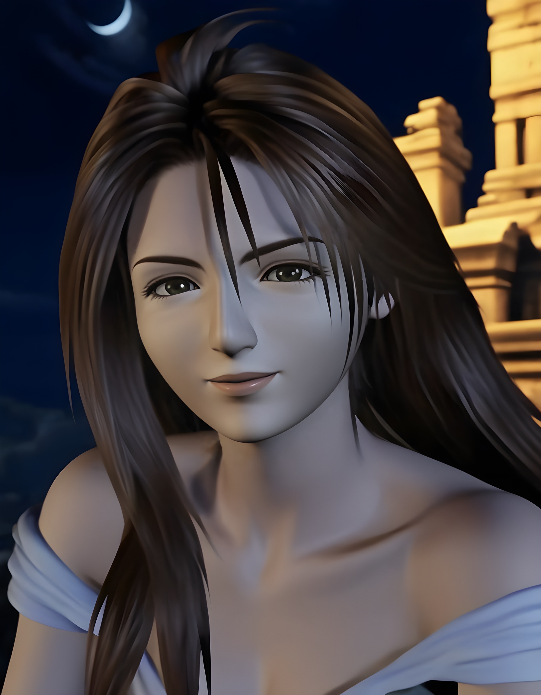 ff8_style,  In a Final Fantasy VIII-inspired scene,  the camera captures a captivating close-up portrait of a woman with l...