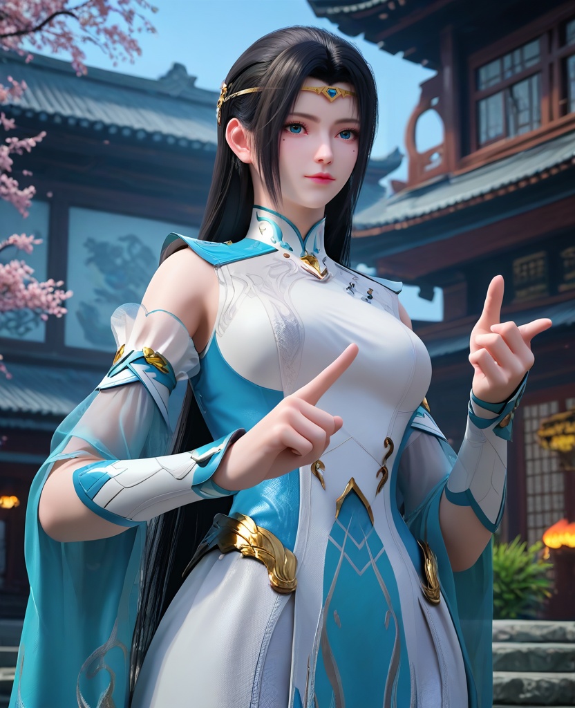 (oriental architecture, elegant decor, sophisticated style:1.1),pointing,(breasts:1.2),<lora:XL16大主宰苏萱:0.95>,miss suxuan,layered aqua and white gown,blue eyes,mole under right eye,circlet,black hair,long hair,wide flowing sleeves,bracer,, zPDXL2, score_9, score_8_up, score_7_up BREAK realistic, masterpiece,best quality, highly detailed,, zPDXL3, zPDXL2,zPDXL, zPDXLxxx, zPDXLrl,