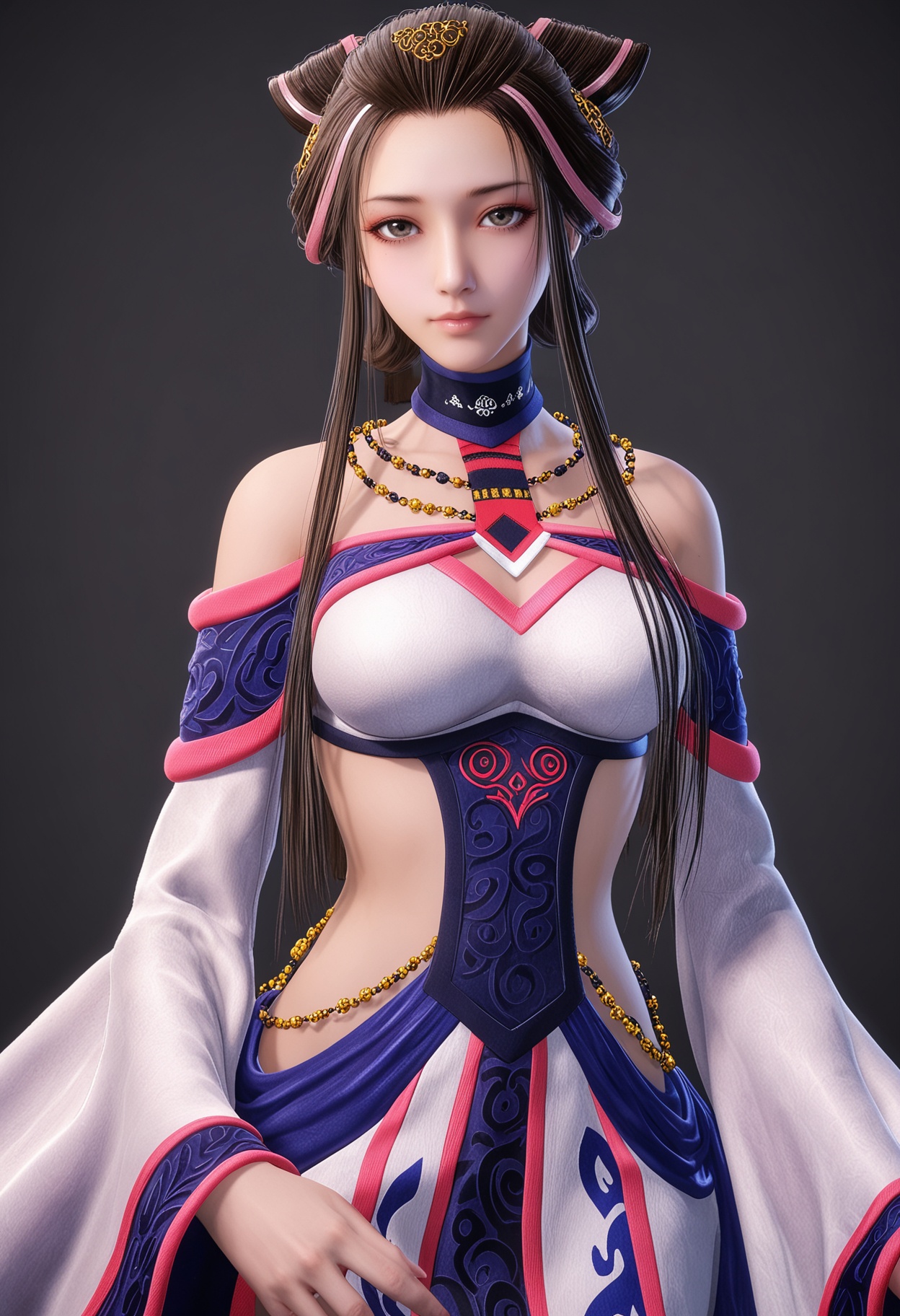 (gigantic breasts:0.6),(cowboy shot:1.1),(looking at viewer:1.1),facing viewer,direct gaze,<lora:YQ_pony_xiangfuren_V4:0.8>,q1528437228,1girl,solo,long hair,black hair,jewelry,bare shoulders,necklace,hair ornament,brown hair,dress,sidelocks,wide sleeves,long sleeves,choker,hair bun,brown eyes,detached sleeves,grey eyes,blue eyes,BREAK simple background,pure black background,black background,perfect anatomy,