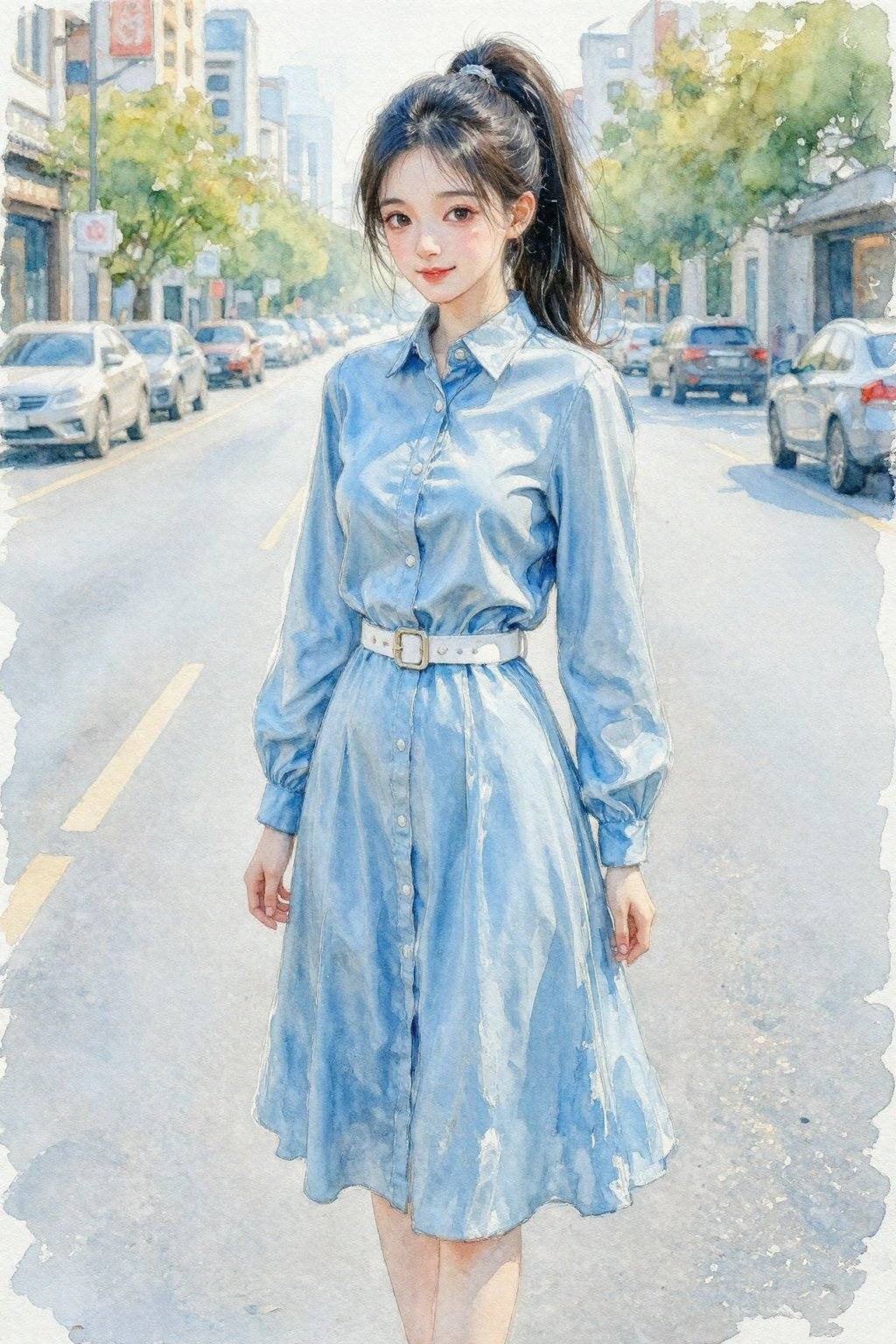This watercolor painting depicts a young Asian woman with fair skin,  long black hair tied in a high ponytail,  standing o...
