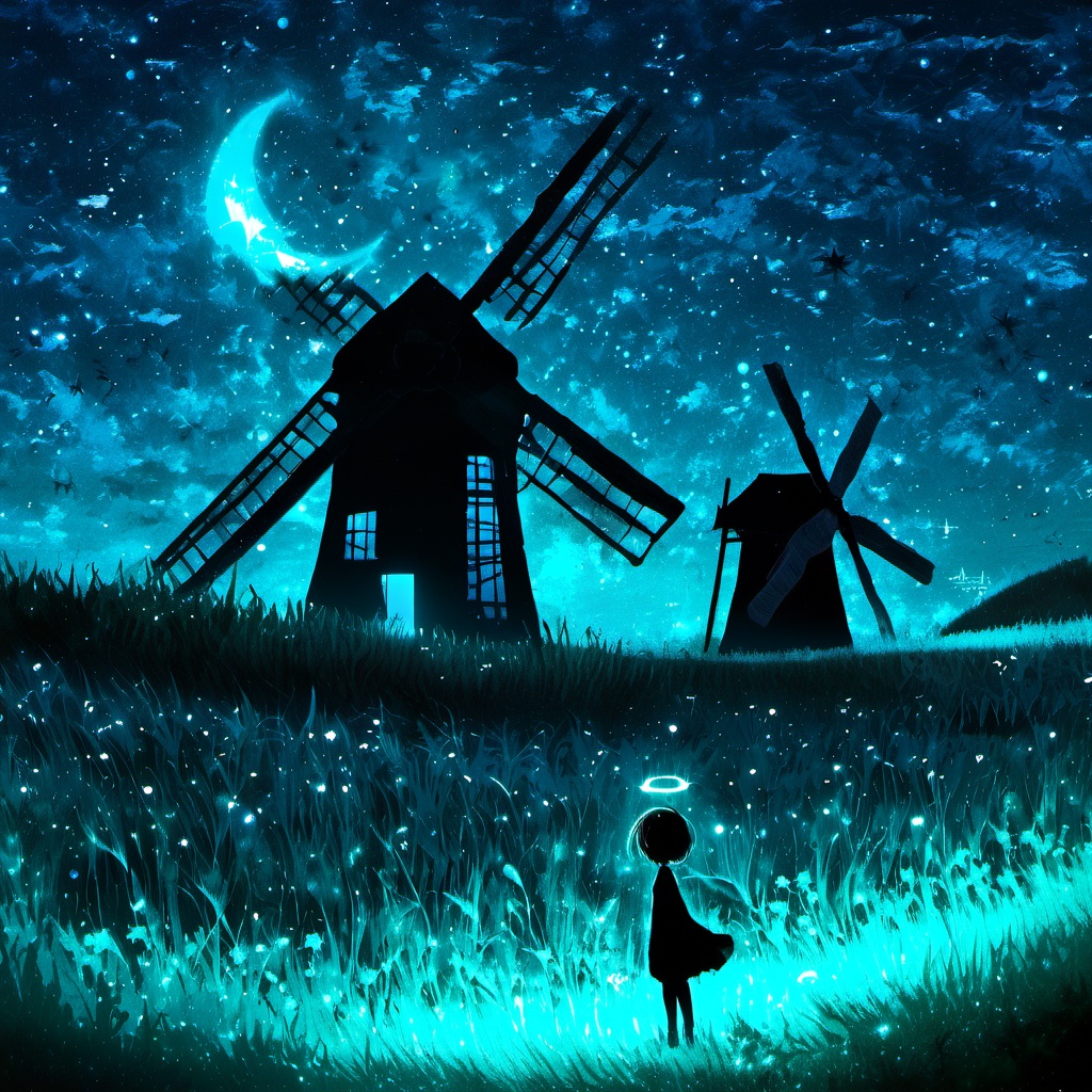 <lora:star_xl_v3:1>,silhouette painting, ethereal ambiance, 1girl, solo, short hair, cyan  theme, flower, outdoors, sky, night, halo, moon, grass, star \(sky\), night sky, scenery, starry sky, dark, from behind, tree, glowing, angel, crescent moon, a mesmerizing nighttime landscape, a vast and starry sky filled with countless stars and a radiant celestial body possibly a moon or planet casting a glow., the ground is covered in a luminescent glowing grass that seems to be swaying in the wind., a black silhouette of an old windmill at the right, a black silhouette of a girl standing amidst the grass gazing up at the celestial display, ethereal and dreamlike, evoking feelings of wonder and contemplation, mesmerizing nighttime landscape, vast starry sky, radiant celestial body, luminescent grass, old windmill, sails, child, ethereal dreamlike ambiance