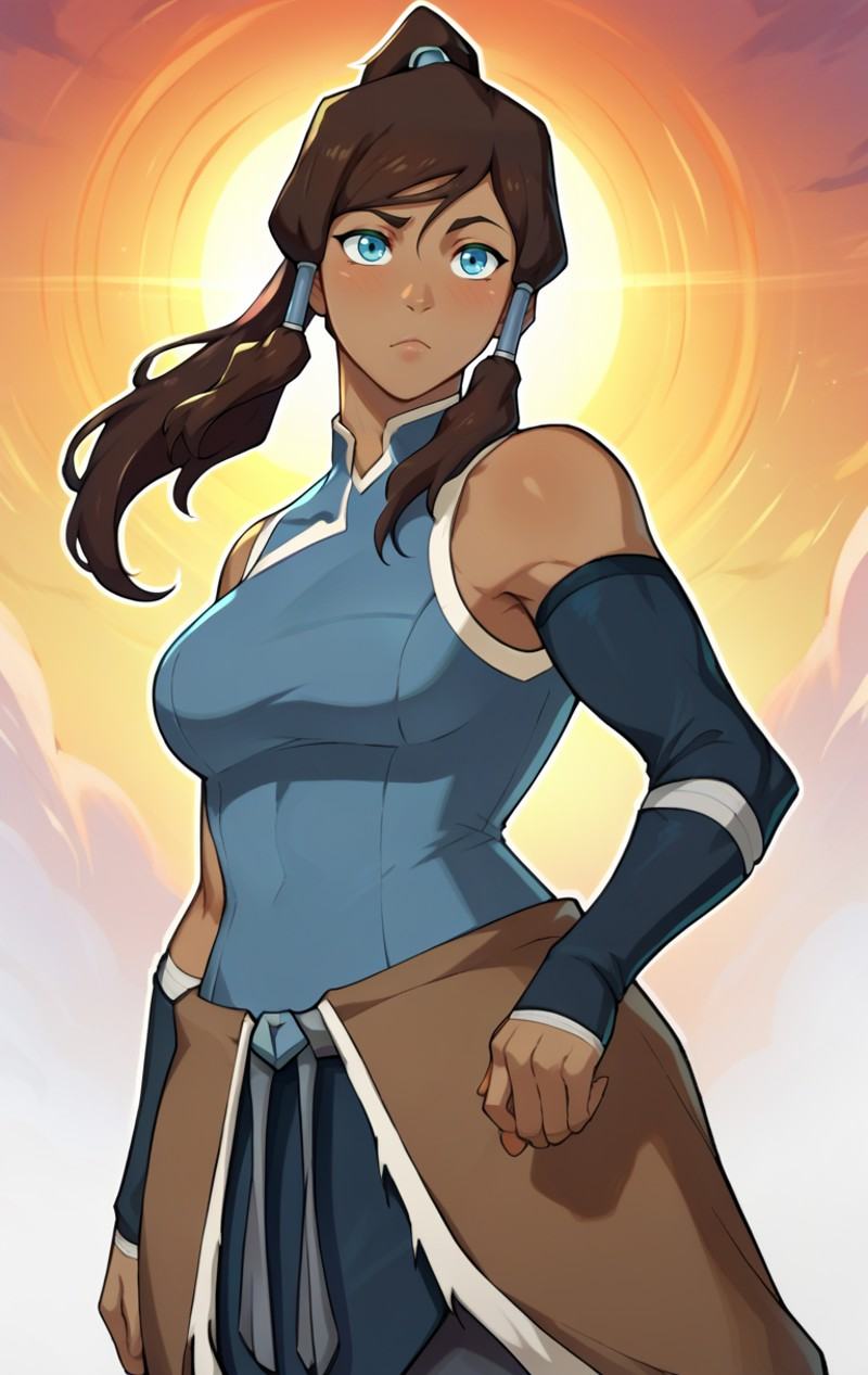 score_9, score_8_up, score_7_up, score_9,  BREAK   <lora:korraSDXL:1> korraSDXL, 1girl, solo, long hair, blue eyes, brown hair, bare shoulders, medium breasts, standing, ponytail, sleeveless, dark skin, dark-skinned female, hair tubes, vambraces, topknot