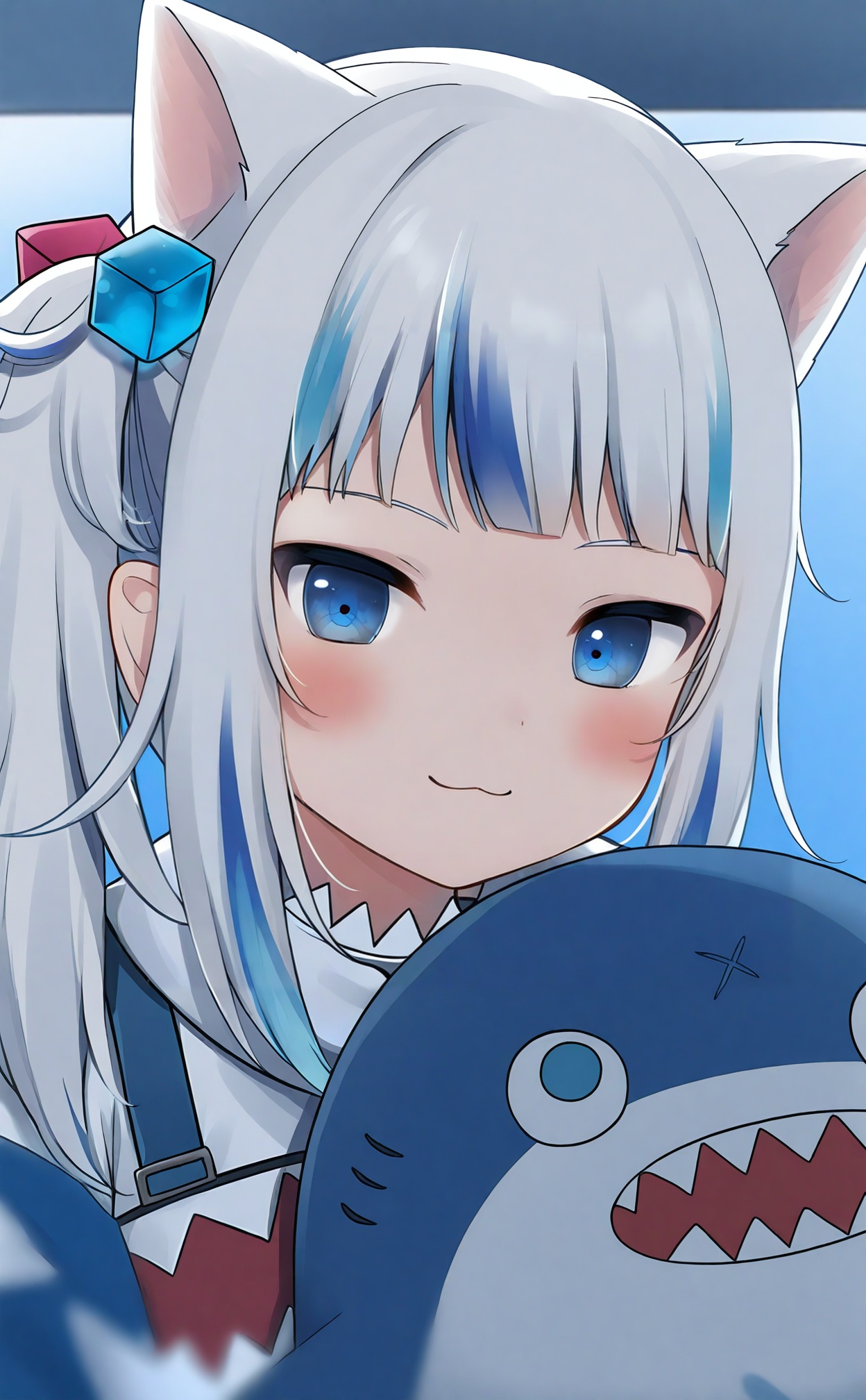 masterpiece,absurdres,best quality,loli,petite,high quality,chromatic_aberration,//,1girl,bloop_\(gawr_gura\),virtual_youtuber,animal_ears,gawr_gura,cat_ears,blue_eyes,multicolored_hair,grey_hair,:3,streaked_hair,looking_at_viewer,blue_hair,hair_ornament,blush,cube_hair_ornament,closed_mouth,side_ponytail,blunt_bangs,sidelocks,smile,kemonomimi_mode,portrait,solo,extra_ears,long_hair,//,//,<lora:gancheng——【noob】hans:0.88>,