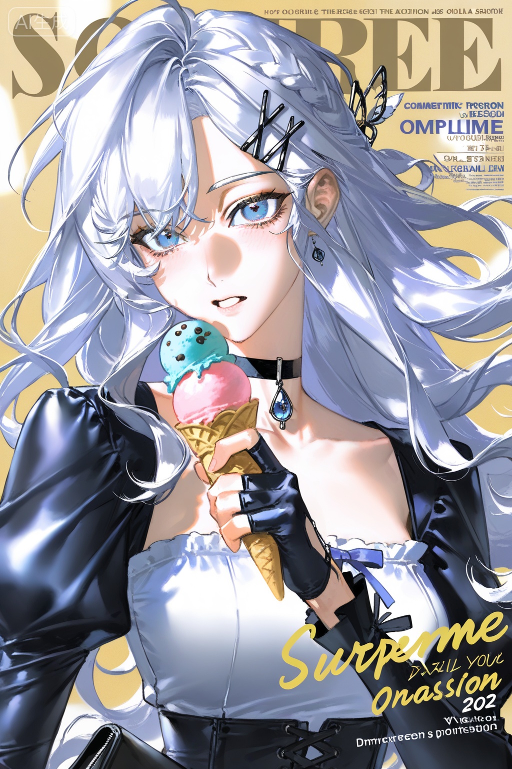 1girl, , solo, , long hair, , looking at viewer, , open mouth, , bangs, , blue eyes, , hair ornament, , gloves, , holding, , upper body, , braid, , white hair, , food, , choker, , hairclip, , virtual youtuber, , fingerless gloves, , bag, , gradient, , v, , holding food, , ice cream, , ice cream cone, , , juliet sleeves,yoneyama mai,hysp,zxww,dynamic_outline,Close-up details,solo,outstanding style,adding a touch of dimension to your images without compromising details,iridescent textures,delicate details,magical atmosphere,concept art,highly detailed,ultra-high resolution,32K UHD,sharp focus,best-quality,masterpiece,golden hour,unconventional supreme masterpiece,masterful details,with a high-end texture,in the style of fashion photography,magazine cover,Dynamic Angle,Dynamic posture,magazine cover,Dynamic Angle,Dynamic posture,(artist:quasarcake:0.8),extreme aesthetic,masterpiece,best quality,good quality,newest,year 2024,year 2023,very aesthetic,absurdres,Visual impact,ultra-high resolution,32K UHD,sharp focus,best-quality,masterpiece,Emotionalization,unconventional supreme masterpiece,masterful details,with a high-end texture,in the style of fashion photography,(Visual impact:1.2),giving the poster a dynamic and visually striking appearance,impactful picture,offcial art,splash of color,movie perspective,masterpiece,best quality,amazing quality,very aesthetic,absurdres,best quality,newest,mature,incredibly absurdres,huge filesize,wallpaper,, Negative prompt: ng_deepnegative_v1_75t,(badhandv4:1.2),EasyNegative,(worst quality:2),,nsfw, Steps: 29, Sampler: Euler a, CFG scale: 7.0, Seed: 3045466924, Size: 1024x1536, Model hash: fe1361c879, Model: illustrious_v20_1.safetensors, Denoising strength: 0.0, RNG: CPU, Lora 1: Art-水仙, Lora Hash 1: c8128555f3, Lora Weight 1: 0.8, vae_name: automatic