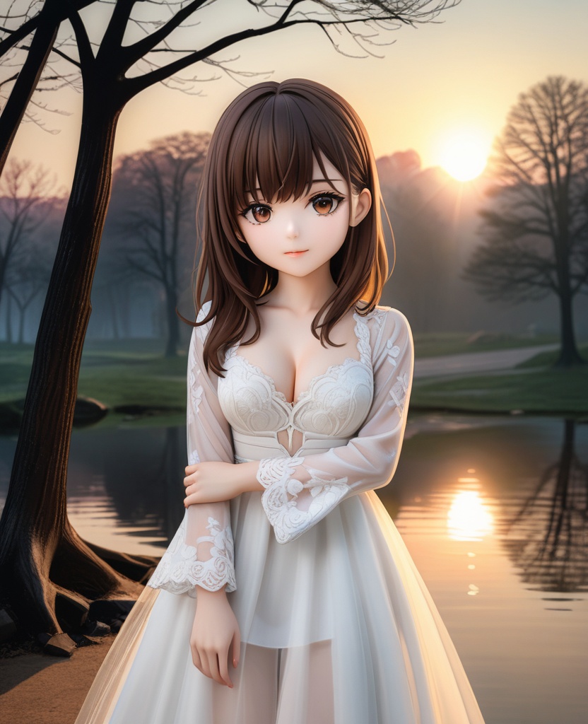 (,1girl, ,best quality, ),looking at viewer,  ,, ultra detailed background,ultra detailed background,ultra realistic 8k cg,,masterpiece, (( , )), fiction,mole,  ,     ,see-through, lace, (cleavage),(((, solo, sun, , bare_tree, )))