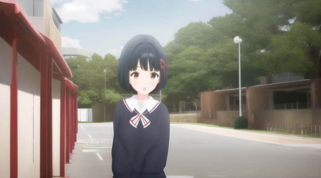 1girl,school uniform,black hair,solo,short hair,bow,open mouth,brown shirt,hair bow,red bow,red eyes,serafuku,sailor collar,white sailor collar,shirt,sky,kitauji high school uniform,looking at viewer,bangs,day,blue sky,blush,cloud,outdoors,<lora:kuqishaonv:1>,
