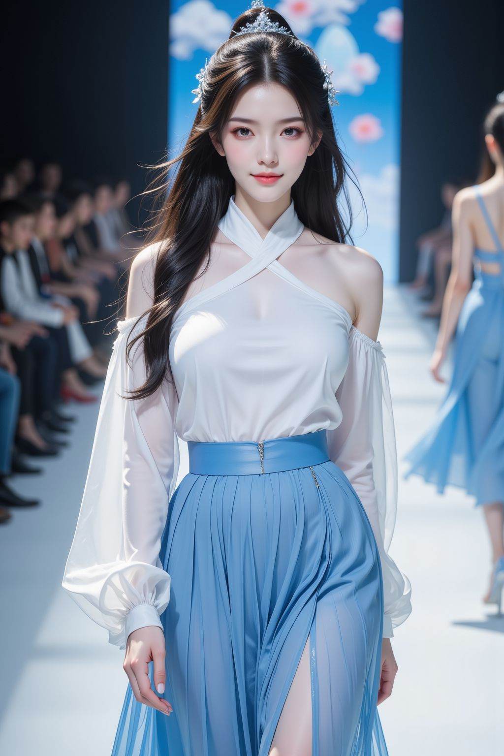Fuji camera filter,Catwalk,Vogue Runway K-pop models walk the catwalk,young woman,black long hair,brown eyes,smile,full body,simple outfits,white and blue turtleneck clothes and a pleated blue skirt,hanfu,flower paint,and you can see the catwalk when you look from the side.