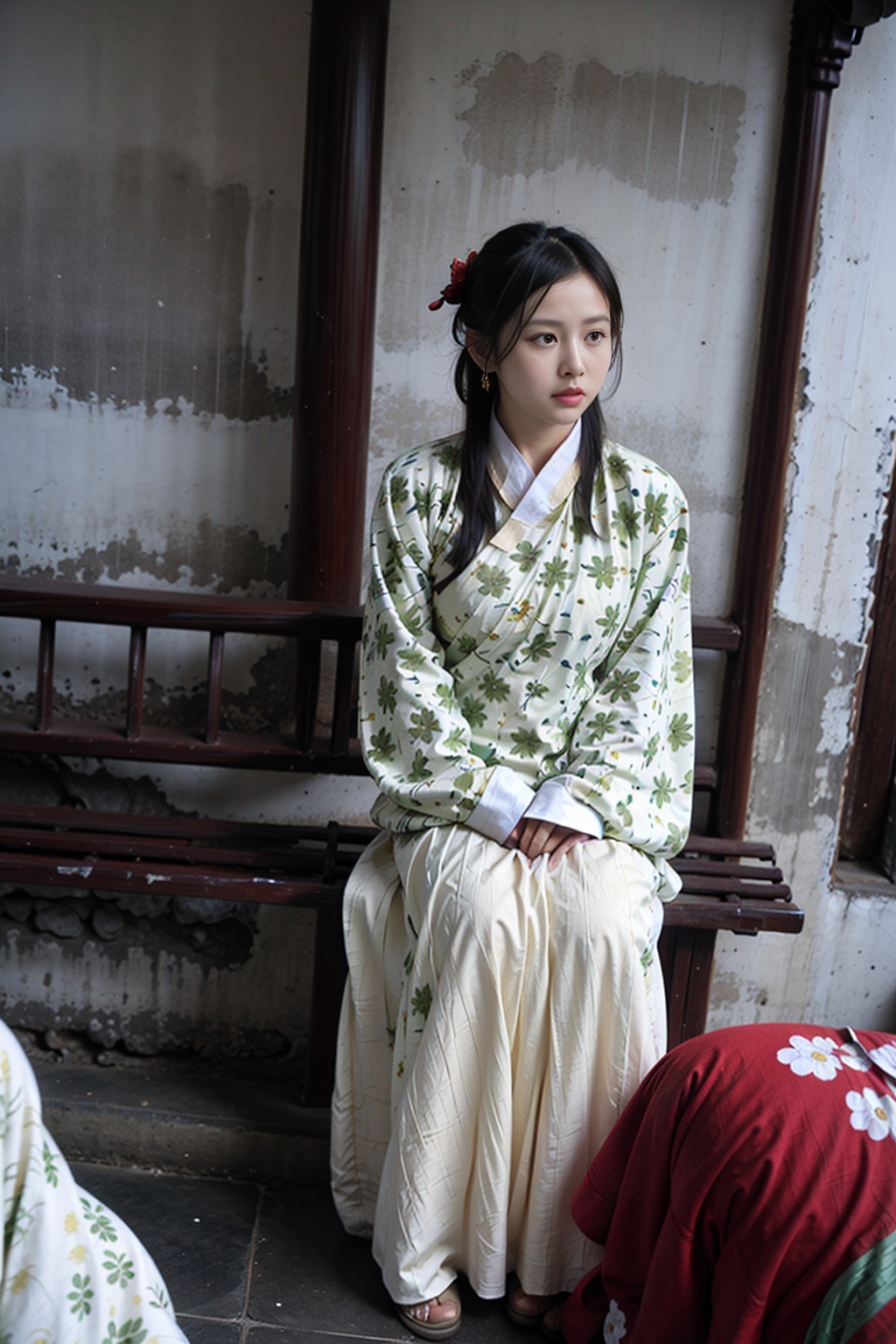 1girl, solo, long hair, black hair, hair ornament, long sleeves, jewelry, upper body, flower, earrings, hair flower, wide sleeves, looking to the side, looking away, chinese clothes, curtains, robe, realistic, red lips, hair stick, hanfu(foot focus:1.2, embroidered shoes), 