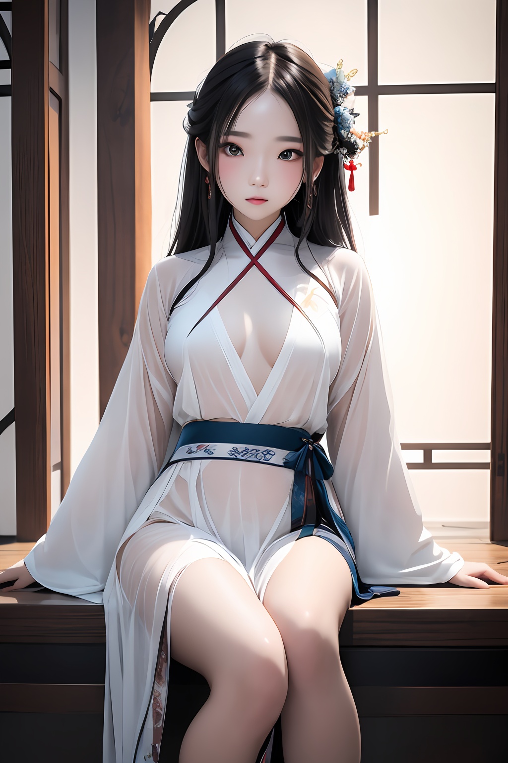 masterpiece,best quality,1girl,a plump chest,long hair,hanfu,looking at viewer,elegant sitting posture,simple background,solo,<lora:lbc_hanfu:0.6>,<lora:lbc_shaxian_dress:0.7>,